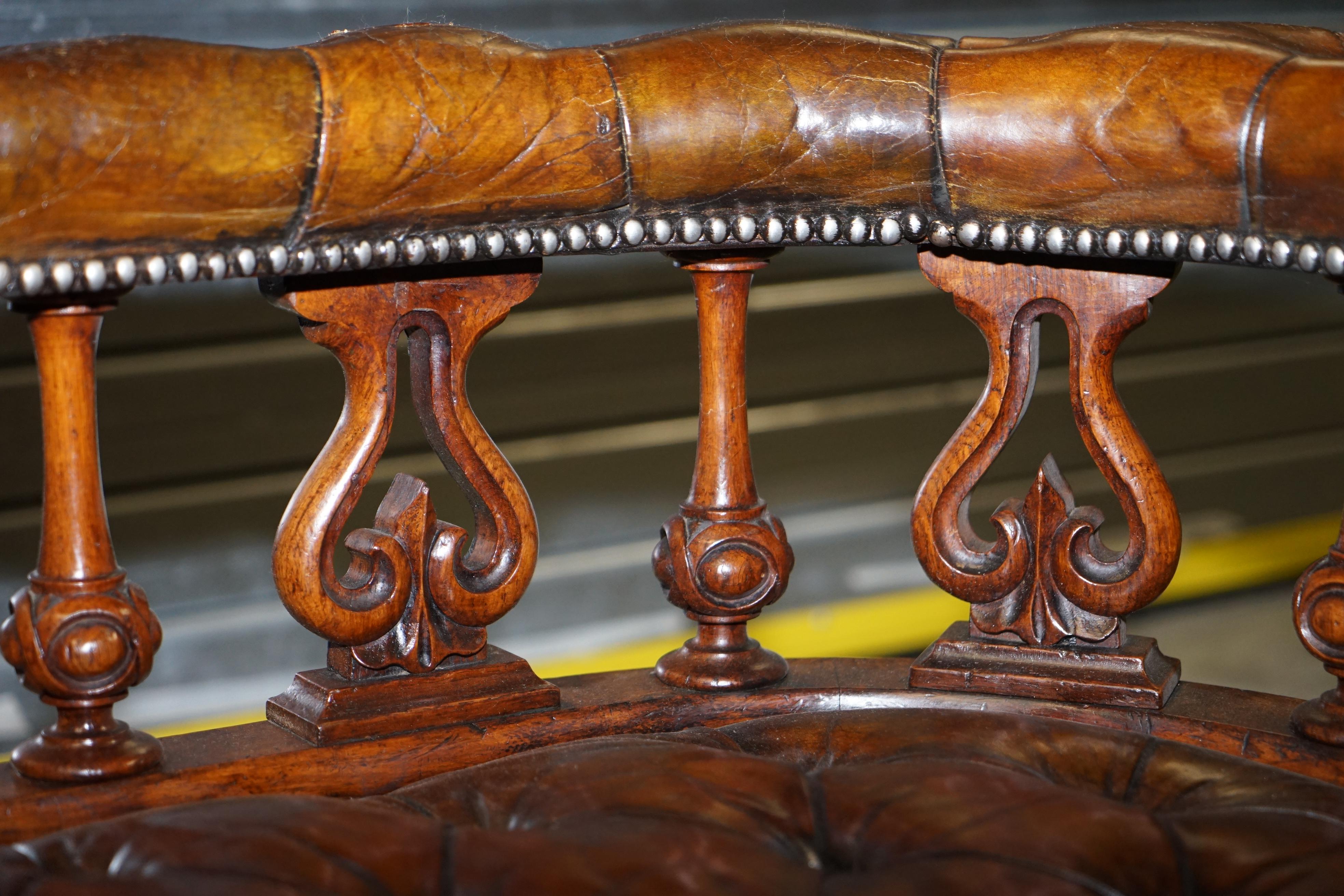 Mid-19th Century Exceptionally Rare 1840s Fully Restored Chesterfield Brown Leather Sofa Bench