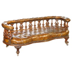 Exceptionally Rare 1840s Fully Restored Chesterfield Brown Leather Sofa Bench