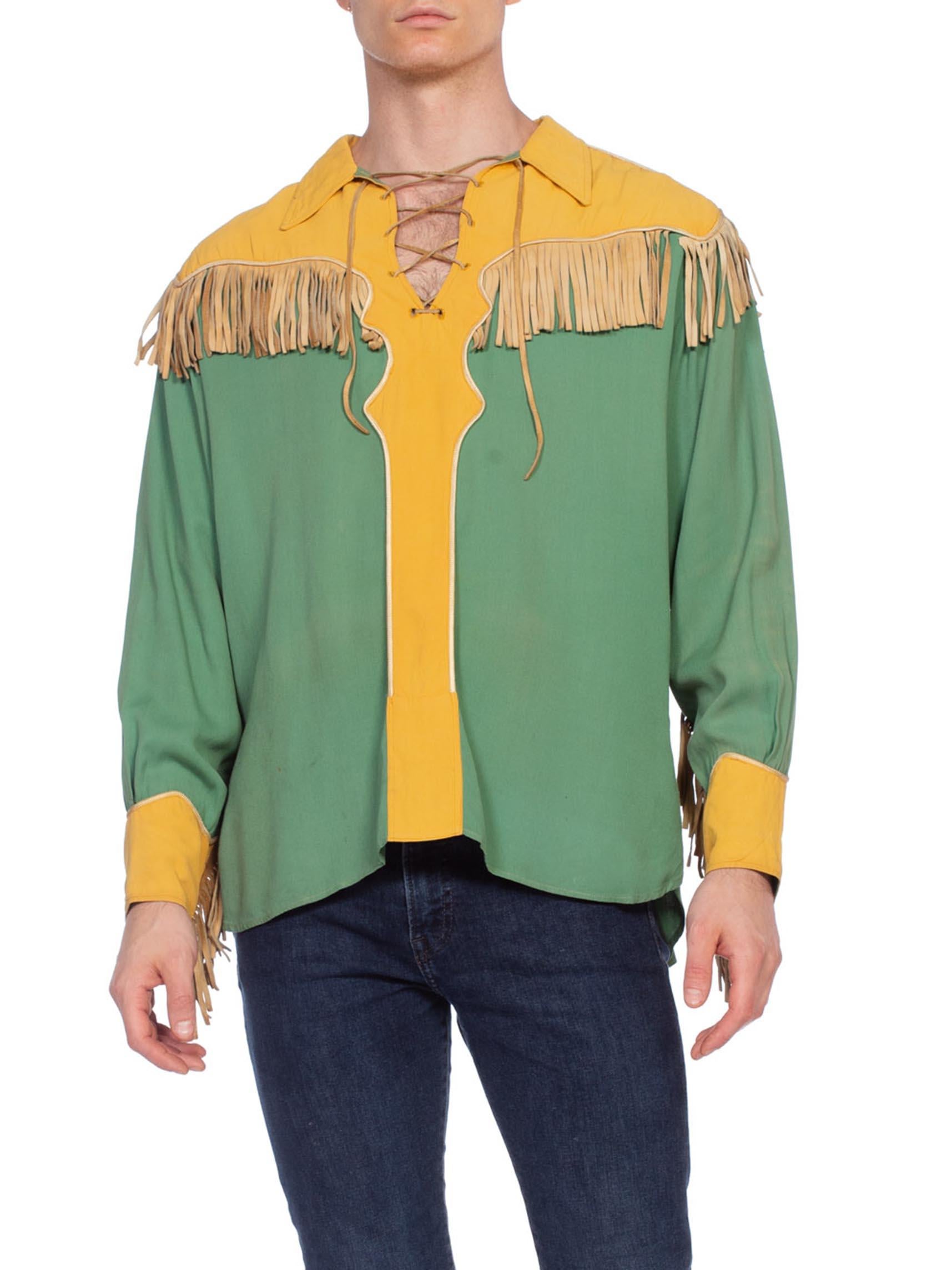 Phenomenal condition for the age, some areas of soiling however no gross stains nor perspiration wear. The leather is in pretty good shape and is not brittle nor stiff. VERY rare custom made western shirt.  1940'S Green & Gold Rayon Rare Men's Gene