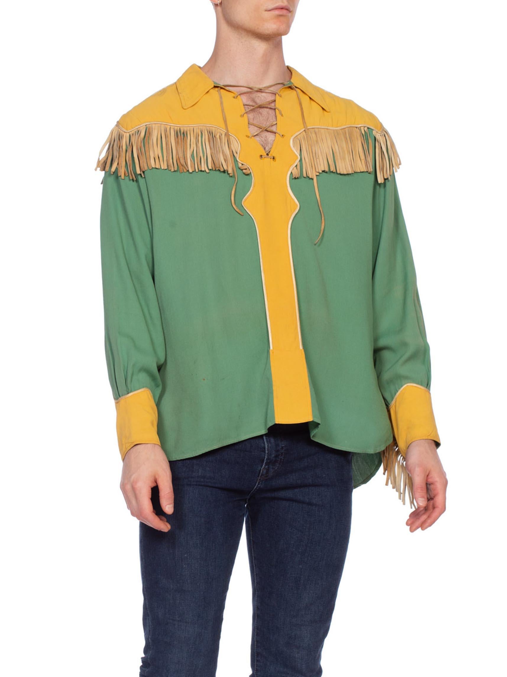 Gray 1940'S Green & Gold Rayon Rare Men's Gene Autry Rockabilly Western Cowboy Shirt For Sale