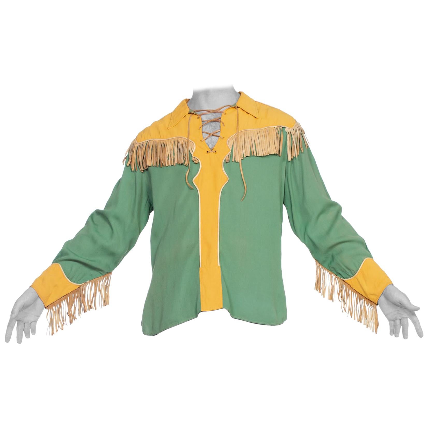 1940'S Green & Gold Rayon Rare Men's Gene Autry Rockabilly Western Cowboy Shirt For Sale