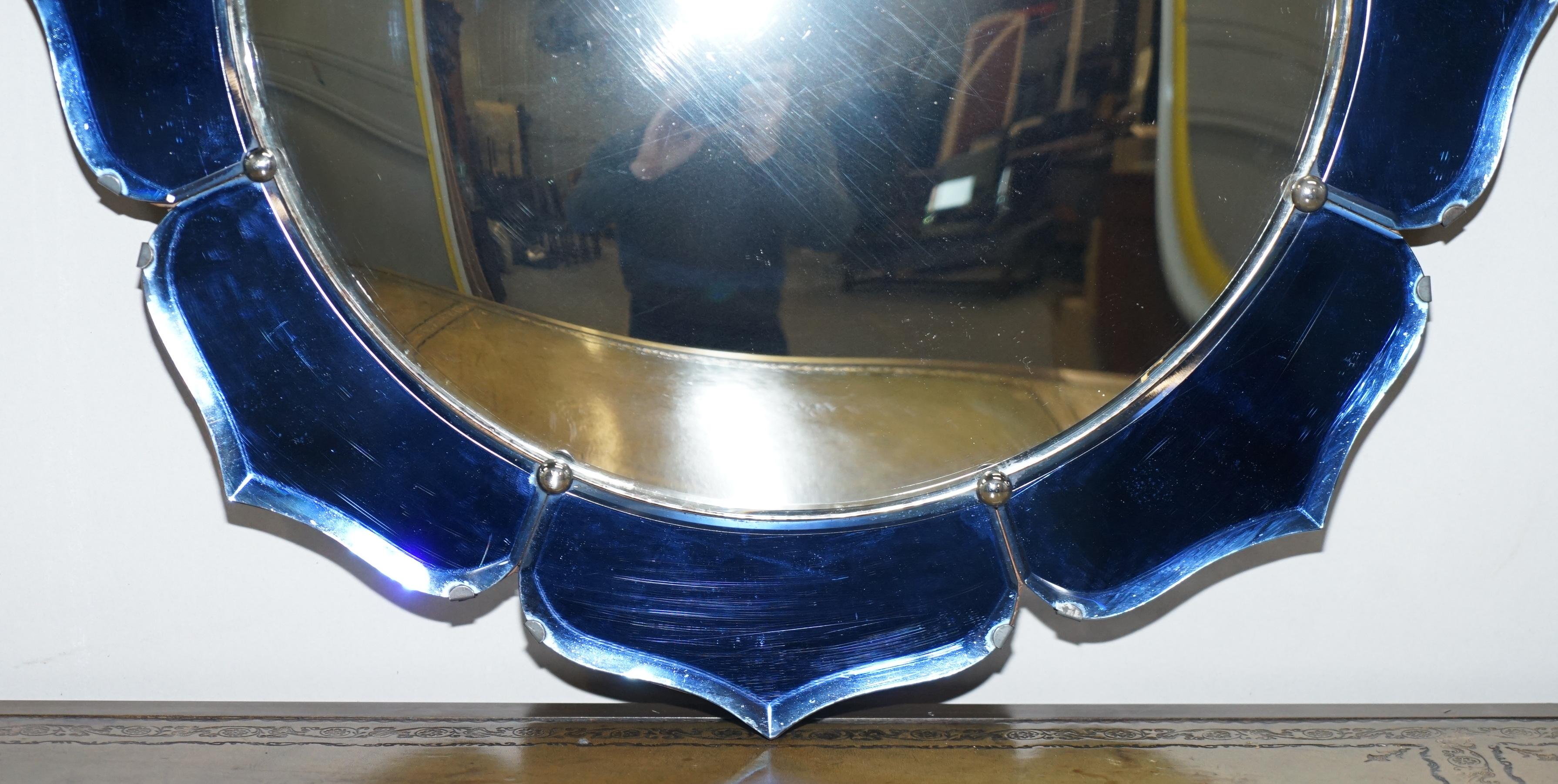 French Exceptionally Rare Art Deco Cobalt Blue Convex Wall Floral Mirror Sublime Find
