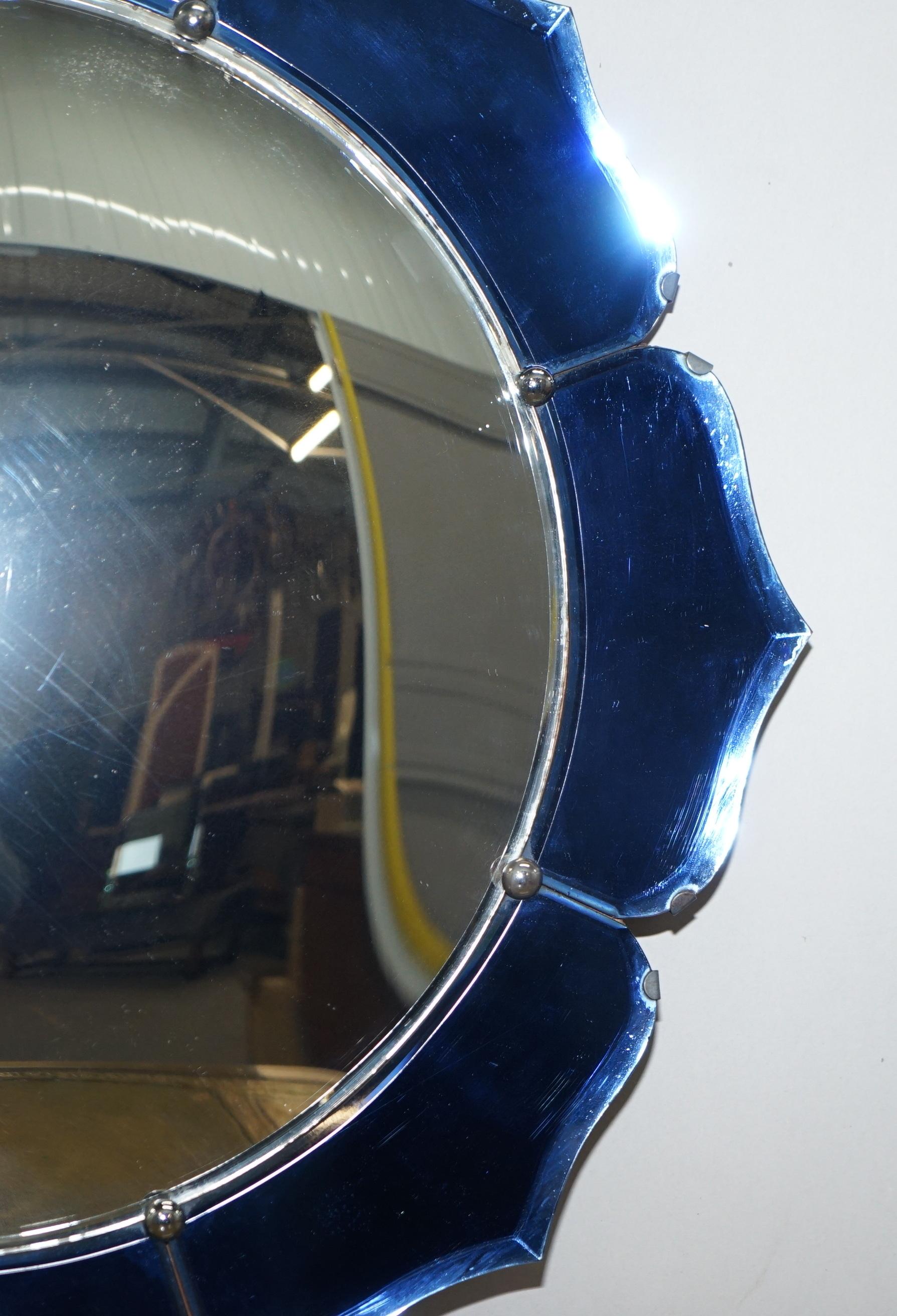 Hand-Crafted Exceptionally Rare Art Deco Cobalt Blue Convex Wall Floral Mirror Sublime Find