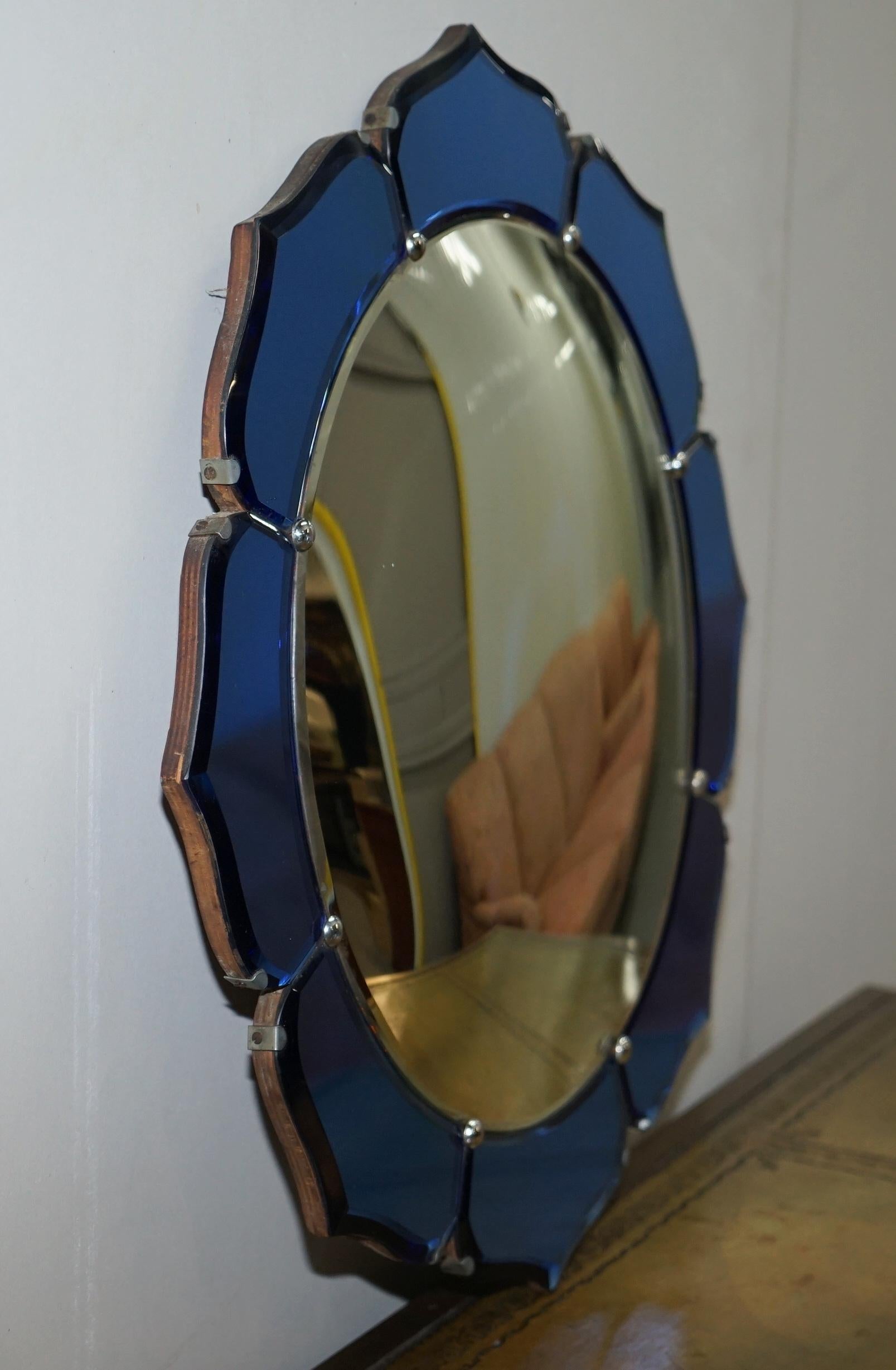 Exceptionally Rare Art Deco Cobalt Blue Convex Wall Floral Mirror Sublime Find 1