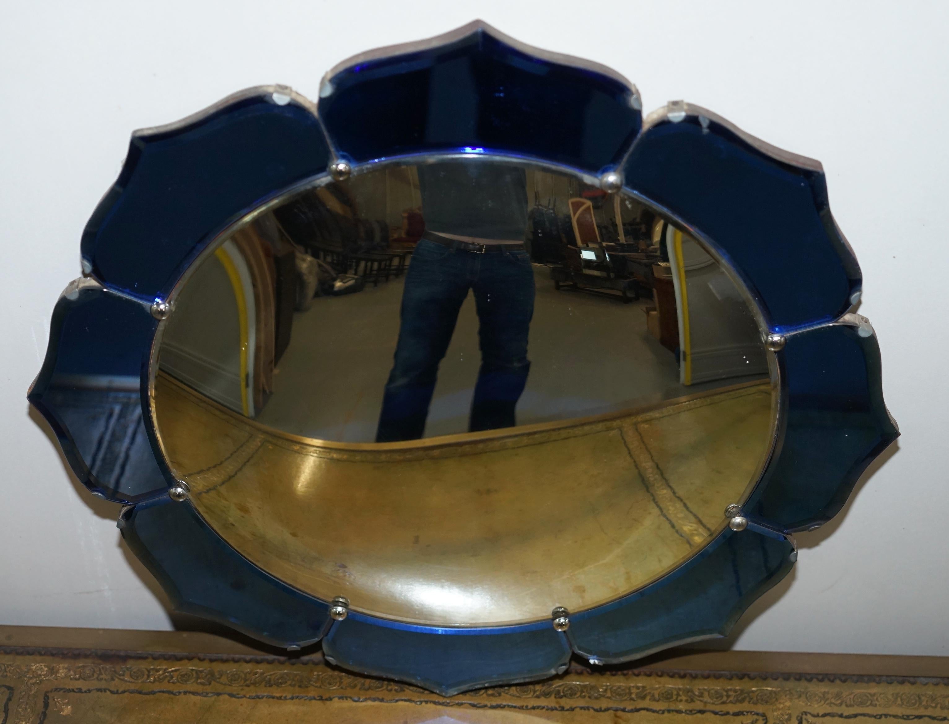 Exceptionally Rare Art Deco Cobalt Blue Convex Wall Floral Mirror Sublime Find 2