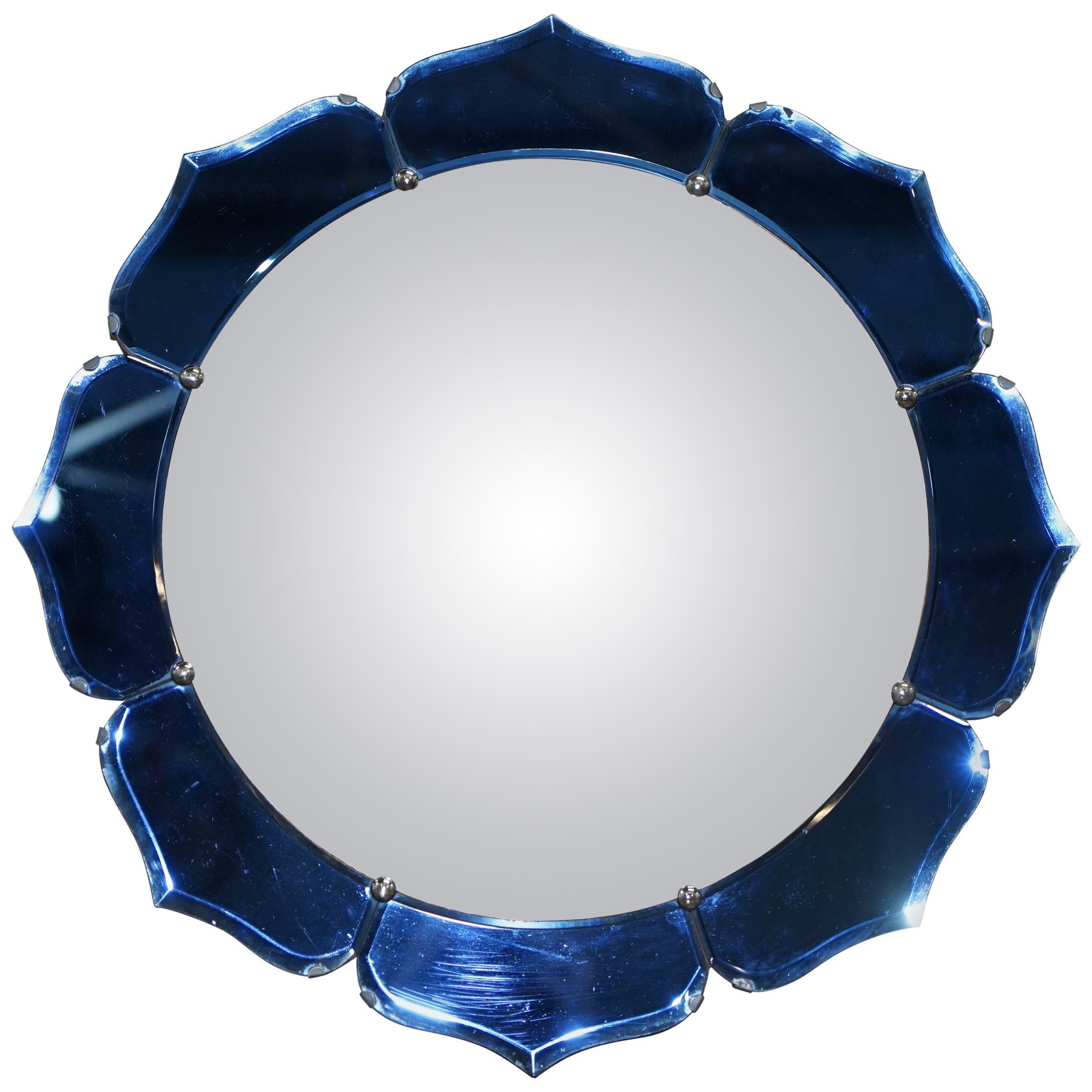 Exceptionally Rare Art Deco Cobalt Blue Convex Wall Floral Mirror Sublime Find