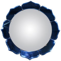 Exceptionnellement rare Art Déco Miroir Floral Convexe Bleu Cobalt Sublime trouvaille