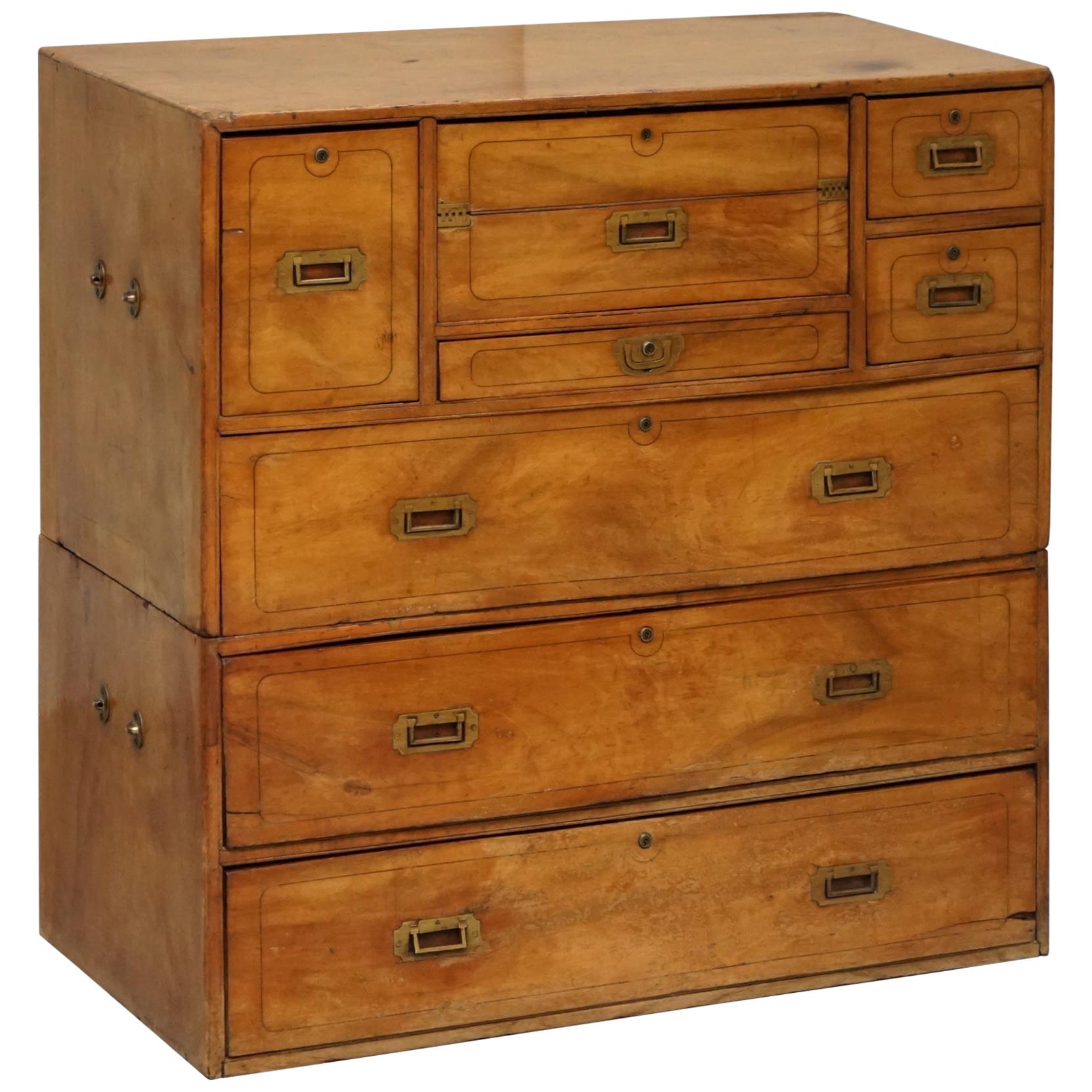 Exceptionally Rare circa 1860 Walnut Military Officers Campaign Chest of Drawers For Sale