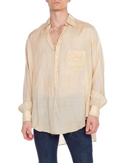 1920S Cream Silk Rare Men's French Pullover Shirt With Glass Buttons