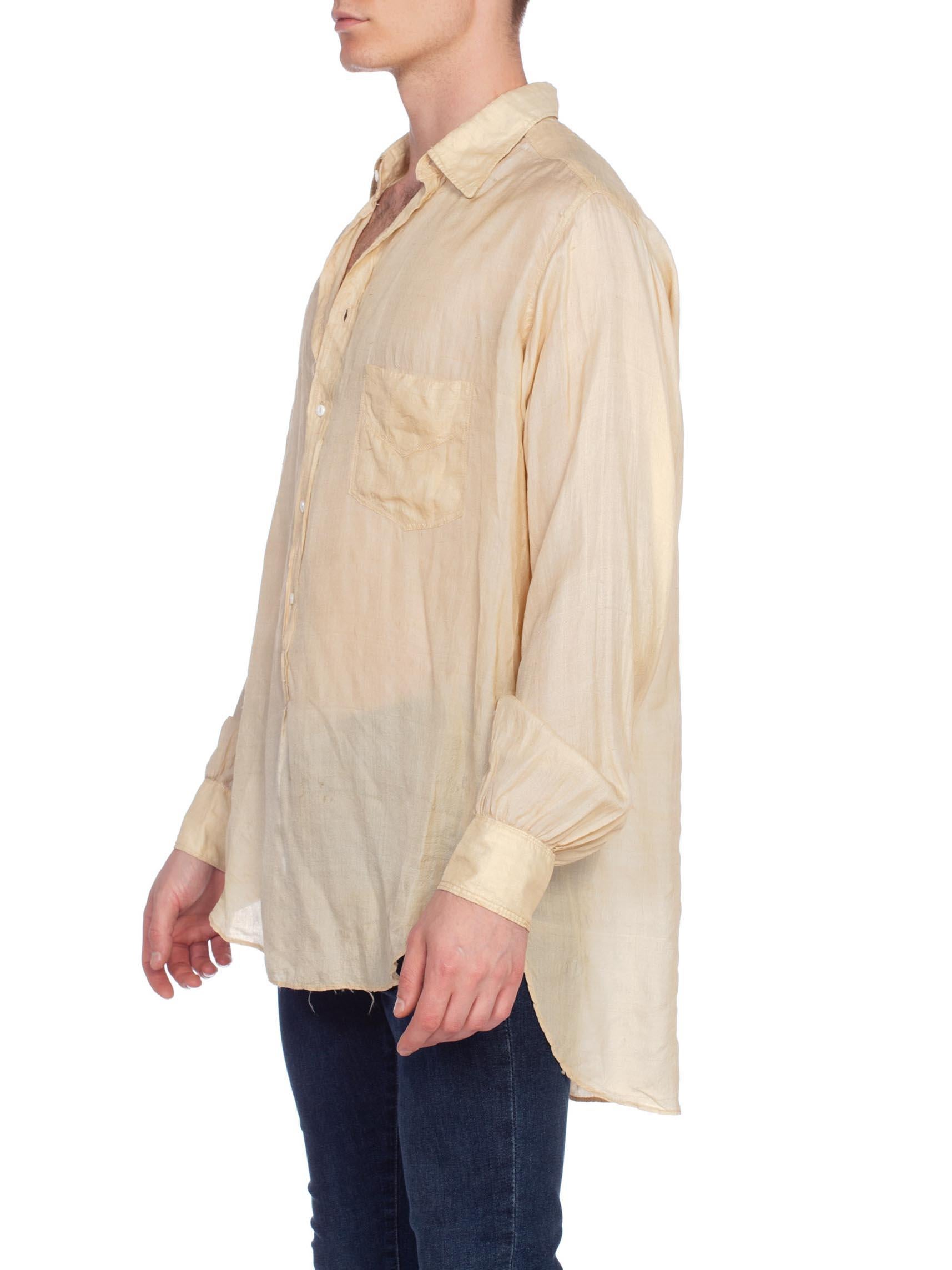 Beige 1920S Cream Silk Rare Men's French Pullover Shirt With Glass Buttons