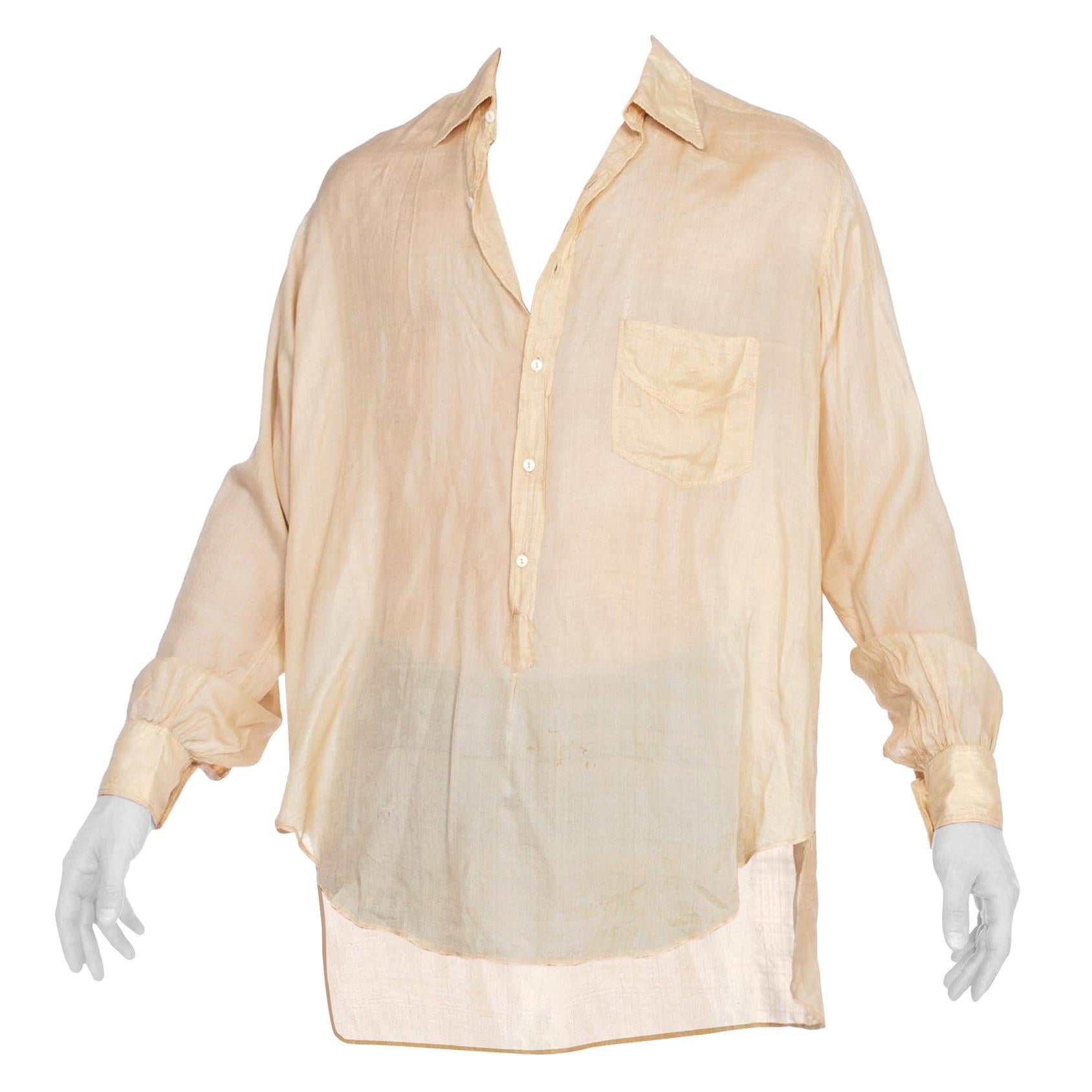 1920S Cream Silk Rare Men's French Pullover Shirt With Glass Buttons