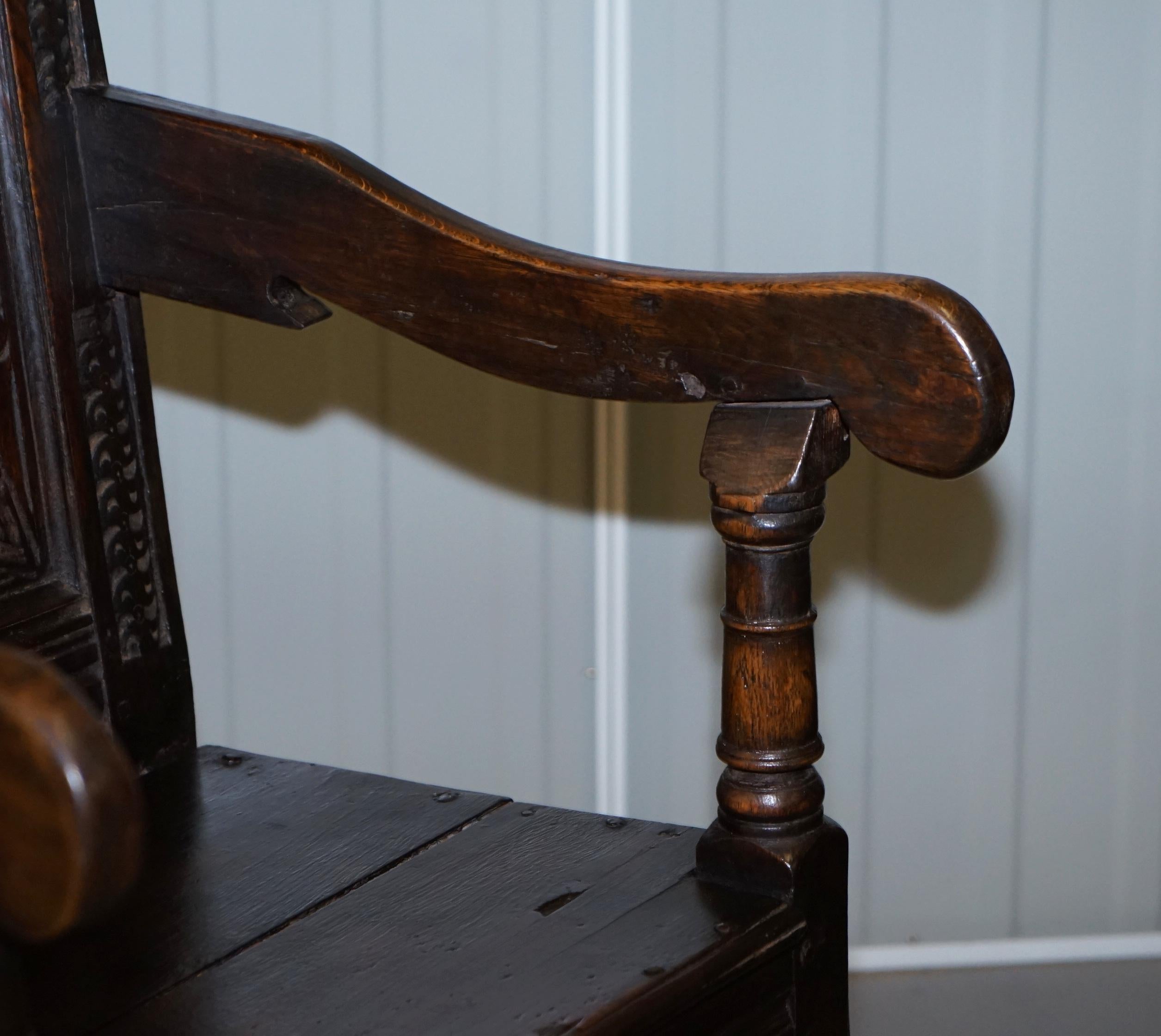18th Century and Earlier Exceptionally Rare Original 17th Century Wainscot Armchair Northern England Oak For Sale