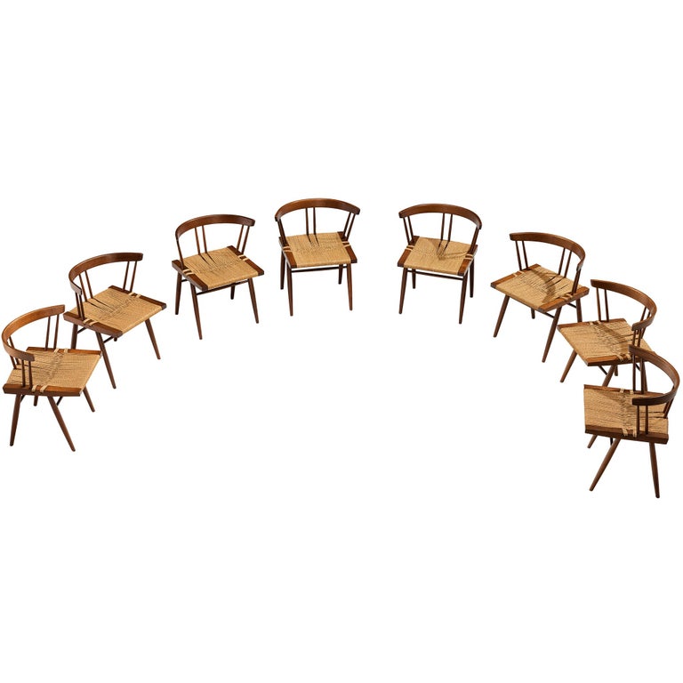 Exceptionally Rare Set of Eight George Nakashima 'Grass-seated Chairs' in American Black Walnut