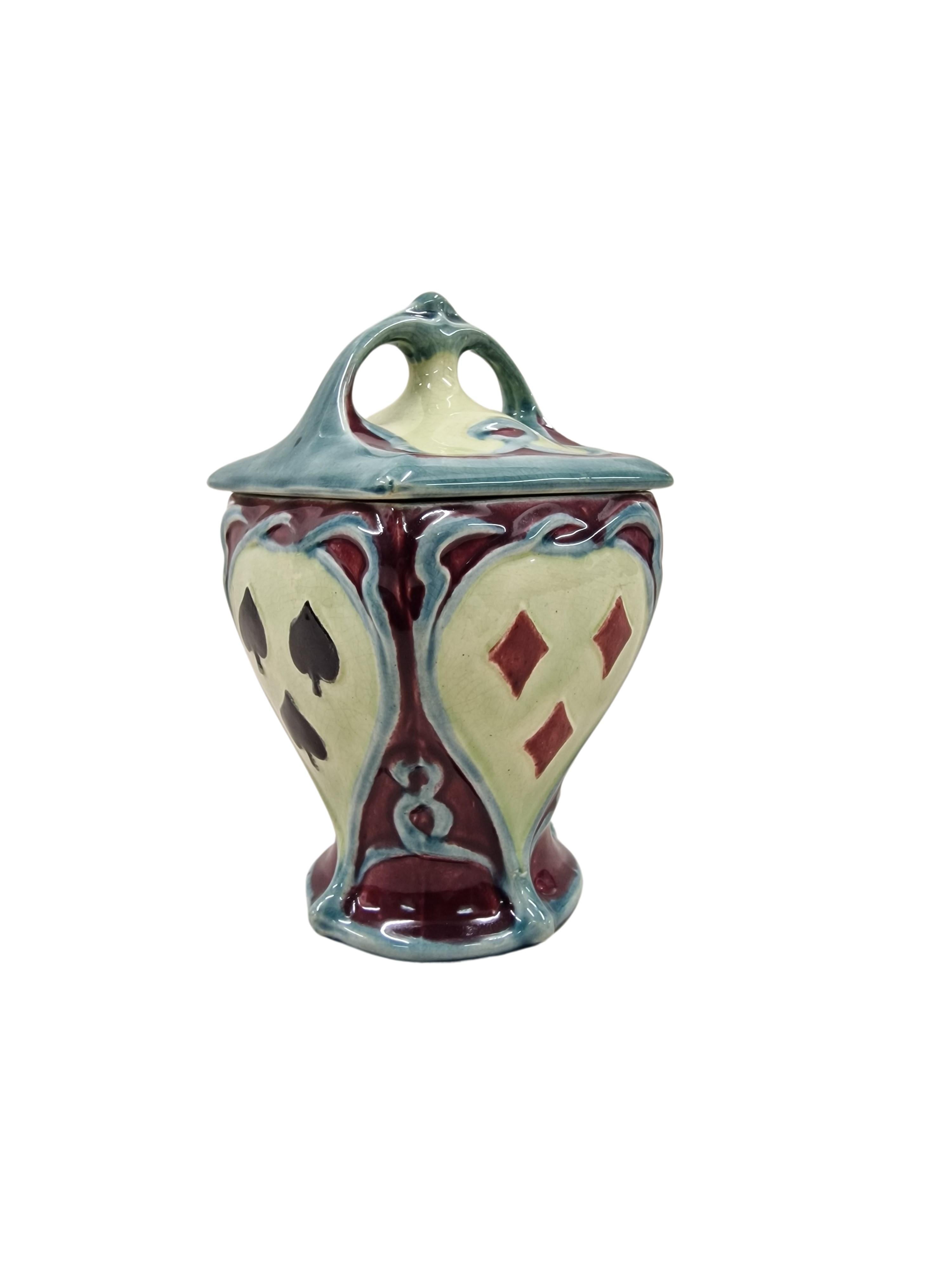 Ceramic Exceptionally rare tobacco box pot, play cards decor, Art Nouveau, 1900