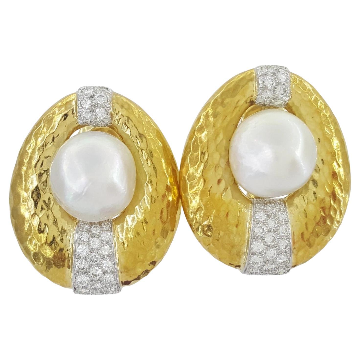 Excepcionalmente Raros Pendientes Vintage David Webb de Perlas y Diamantes en venta