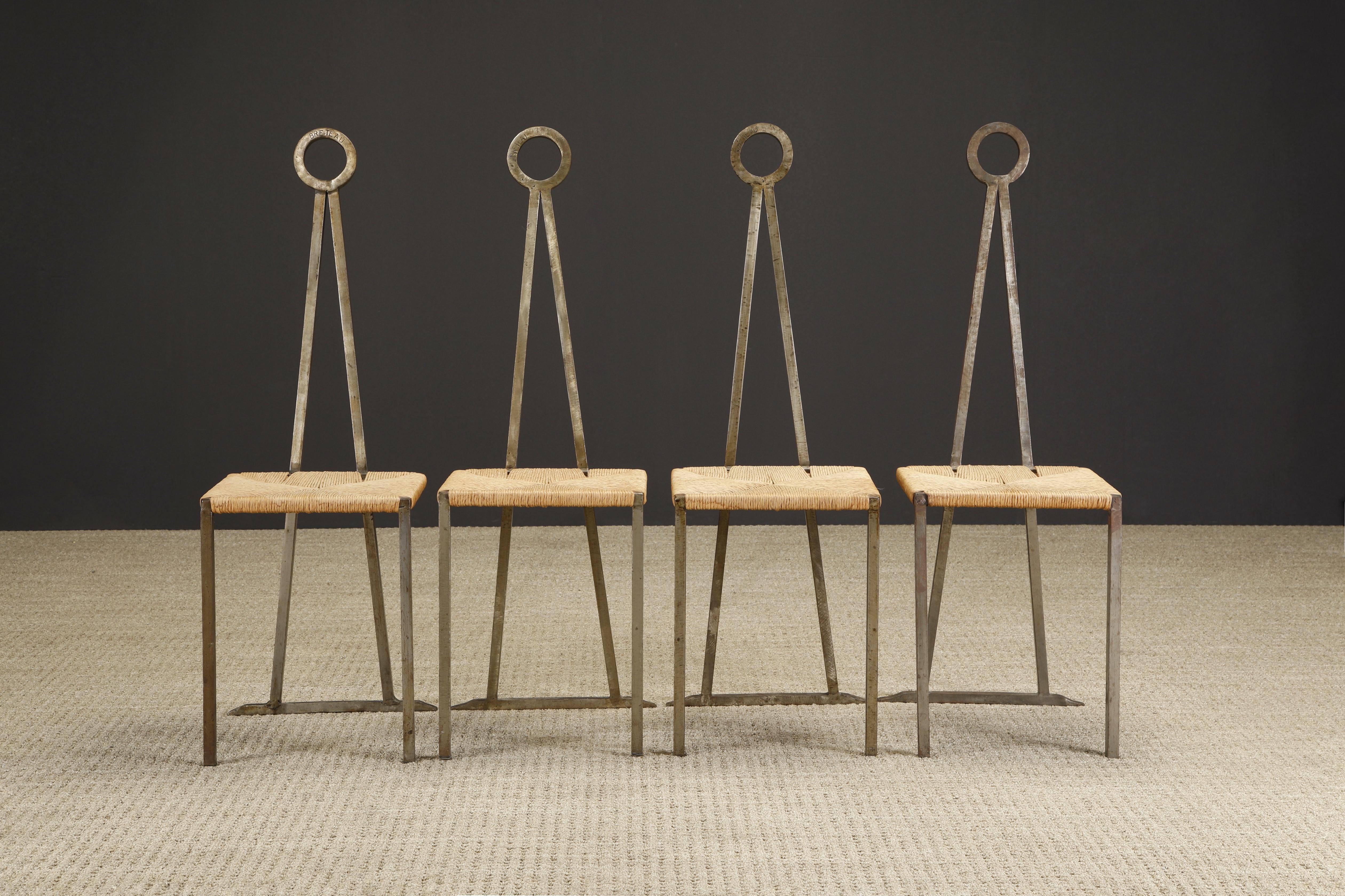 An exceptionally unique set of wrought iron chairs stamped 'BRETEAU' with rope corded seats, circa 1955 France. 

A similar chair sold in 2009 at Christie's, sold as 'Jean Luc Breteau'. This chair was also stamped and hand crafted in the same