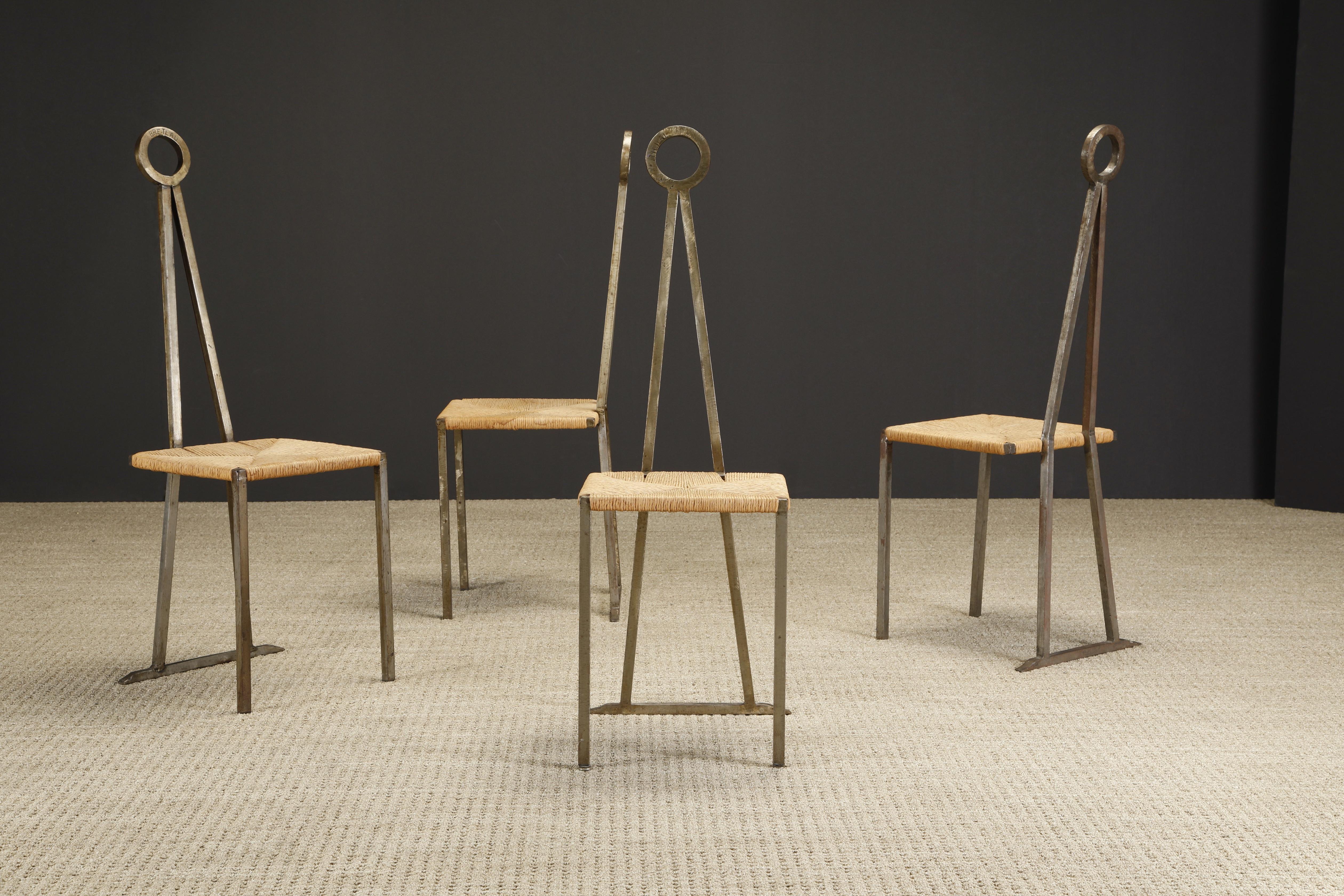 Außergewöhnlich einzigartiger Satz schmiedeeiserner „Breteau“-Stühle, um 1955, Frankreich, signiert (Moderne der Mitte des Jahrhunderts) im Angebot