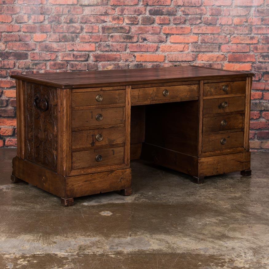 Danish Exceptionally Well Carved Antique Oak Knee Hole Desk