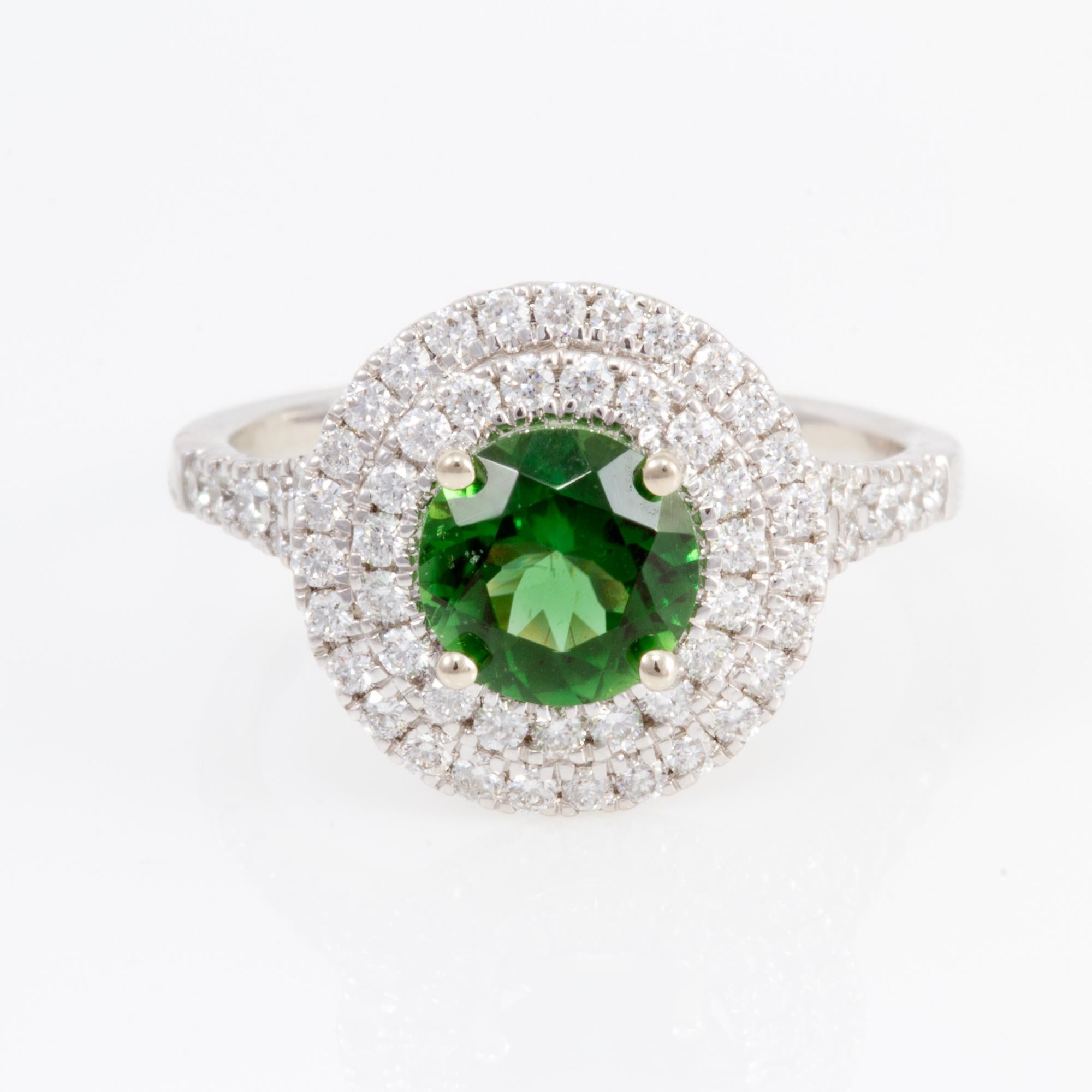 Round Cut Exceptionally Well Cut 1.26 Carat Chrome Tourmaline and Diamond Ring