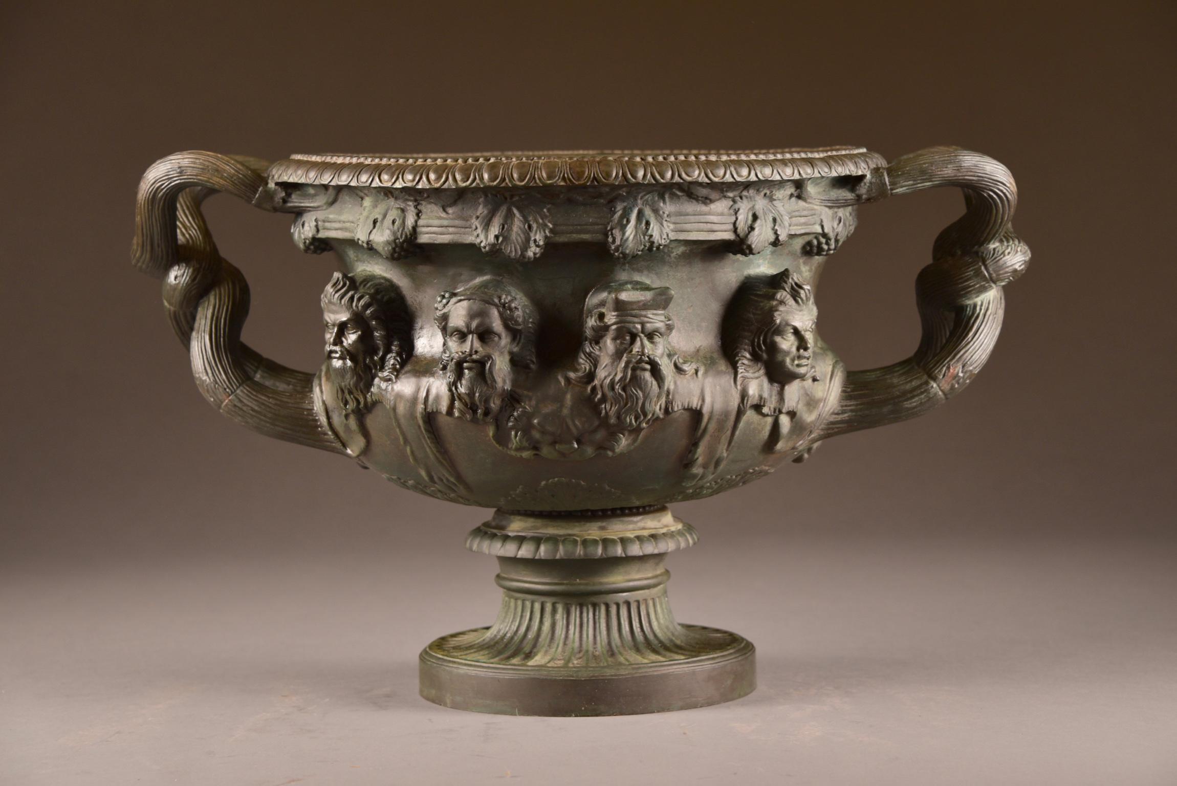 Rare large and heavy bronze Warwick vase with Bacchic ornaments, in good condition.

The Warwick vase is an ancient Roman marble vase with Bacchic ornament that was discovered at Hadrian's Villa, Tivoli about 1771 by Gavin Hamilton, a Scottish