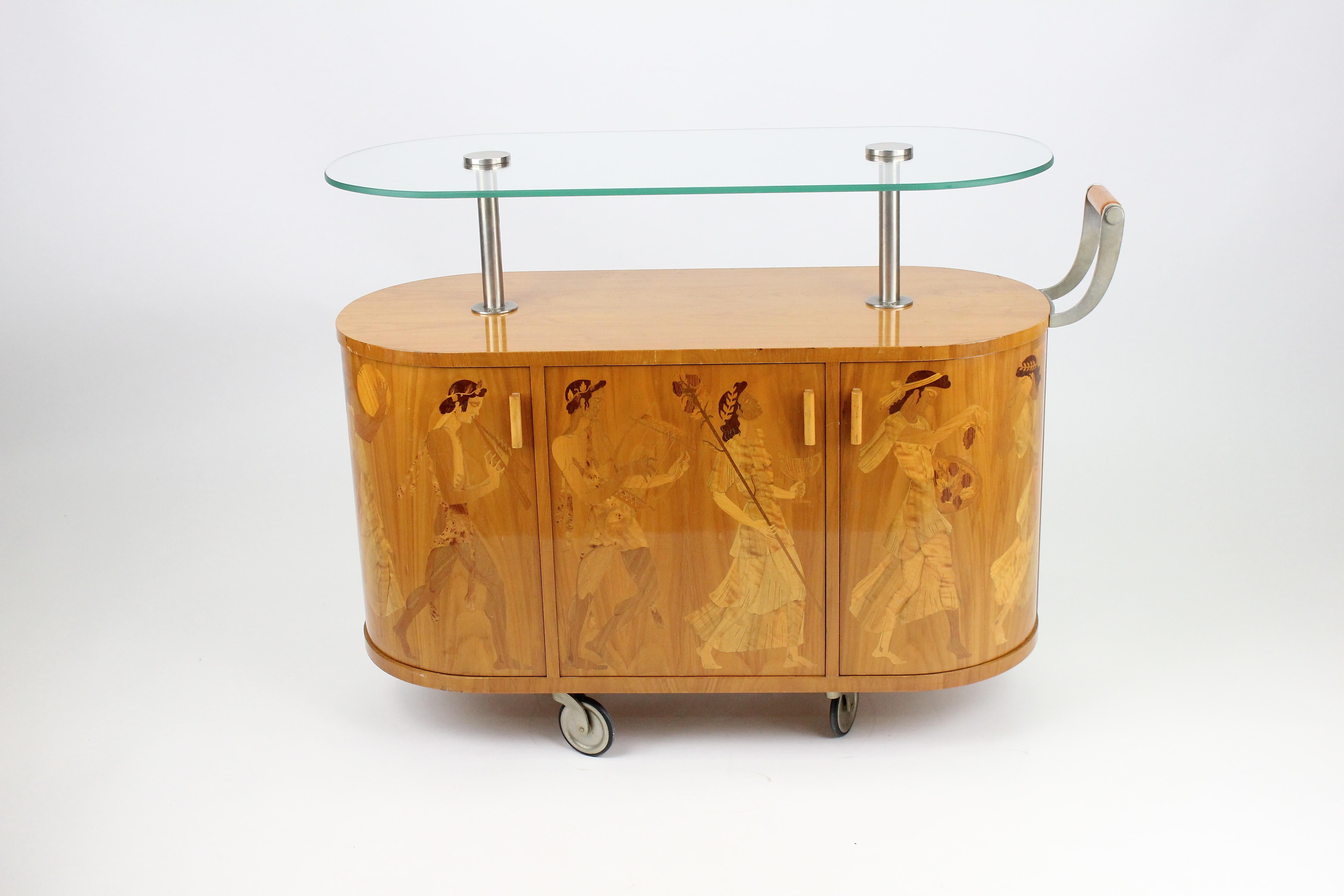 Marquetry Exceptionell Bar Cart by Erik Mattsson 1939 for Mjölby Intarsia, Sweden