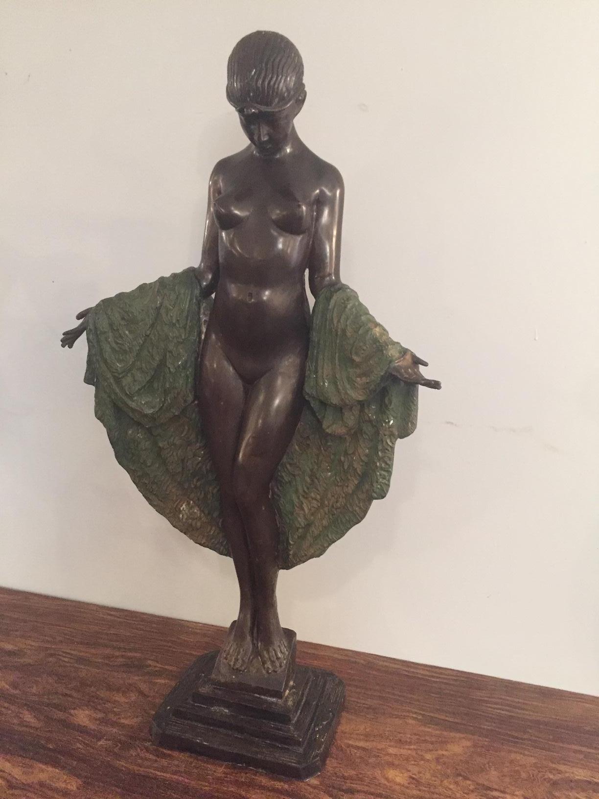 Beautiful French Art Deco Bronze Figure of a Dancer, by Joseph Emmanuel Descomps Cormier in a standing pose, with arms outstretched holding a drapery, signed 