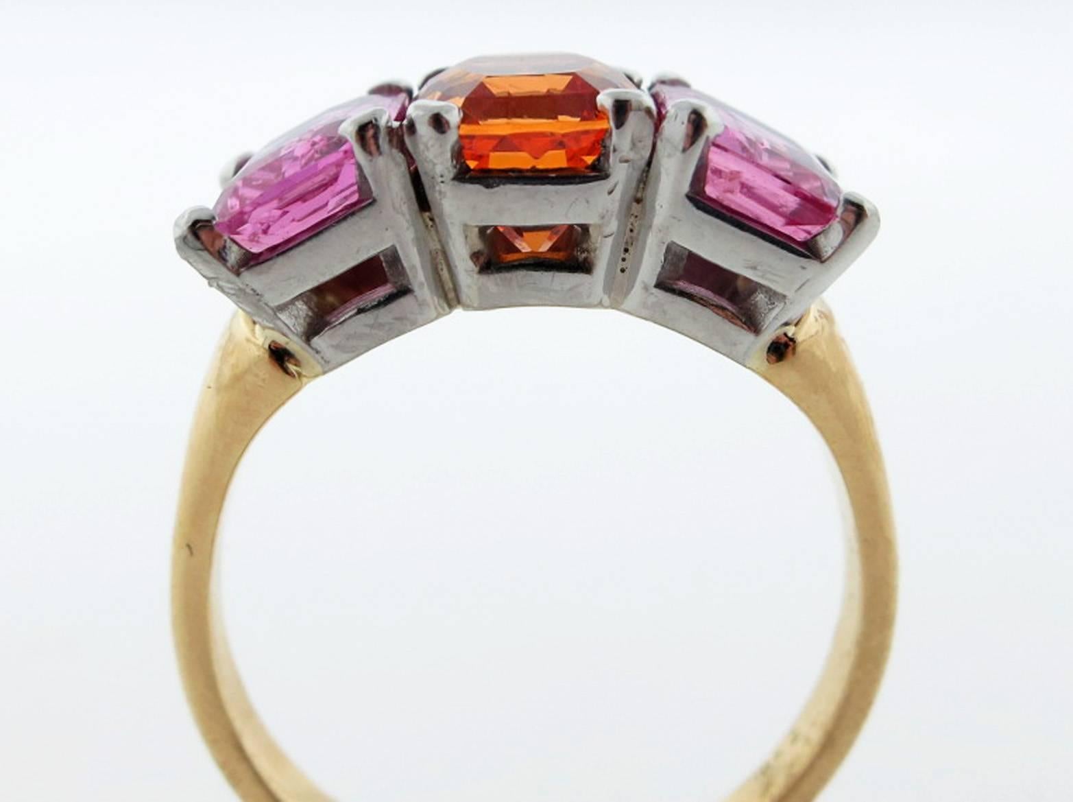 French Cut Exciting 18 Karat Natural Pink Sapphire and Mandarin Garnet Ring