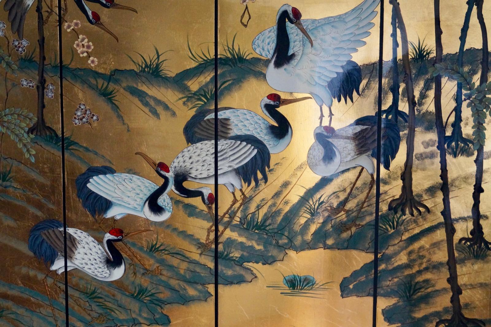 Art Deco Exciting Early 19th Century Gold Leaf Four-Panel Screen Crane Birds For Sale