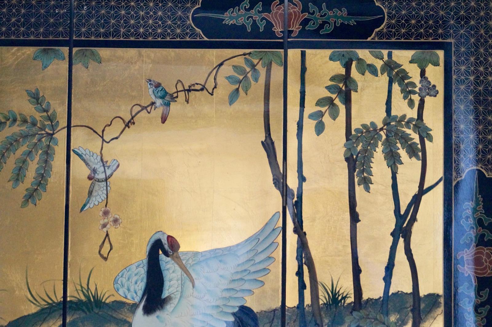 French Exciting Early 19th Century Gold Leaf Four-Panel Screen Crane Birds For Sale
