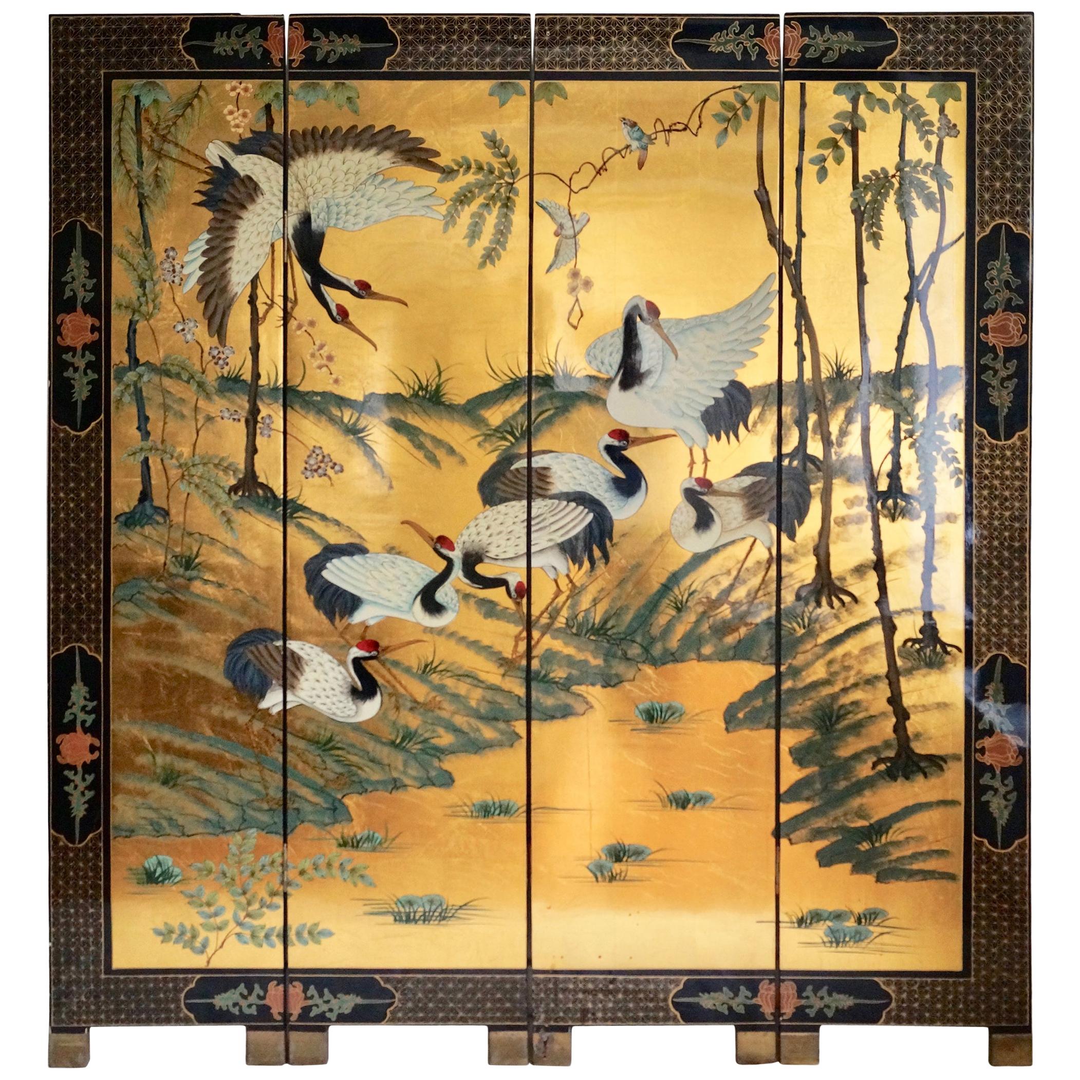Exciting Early 19th Century Gold Leaf Four-Panel Screen Crane Birds For Sale