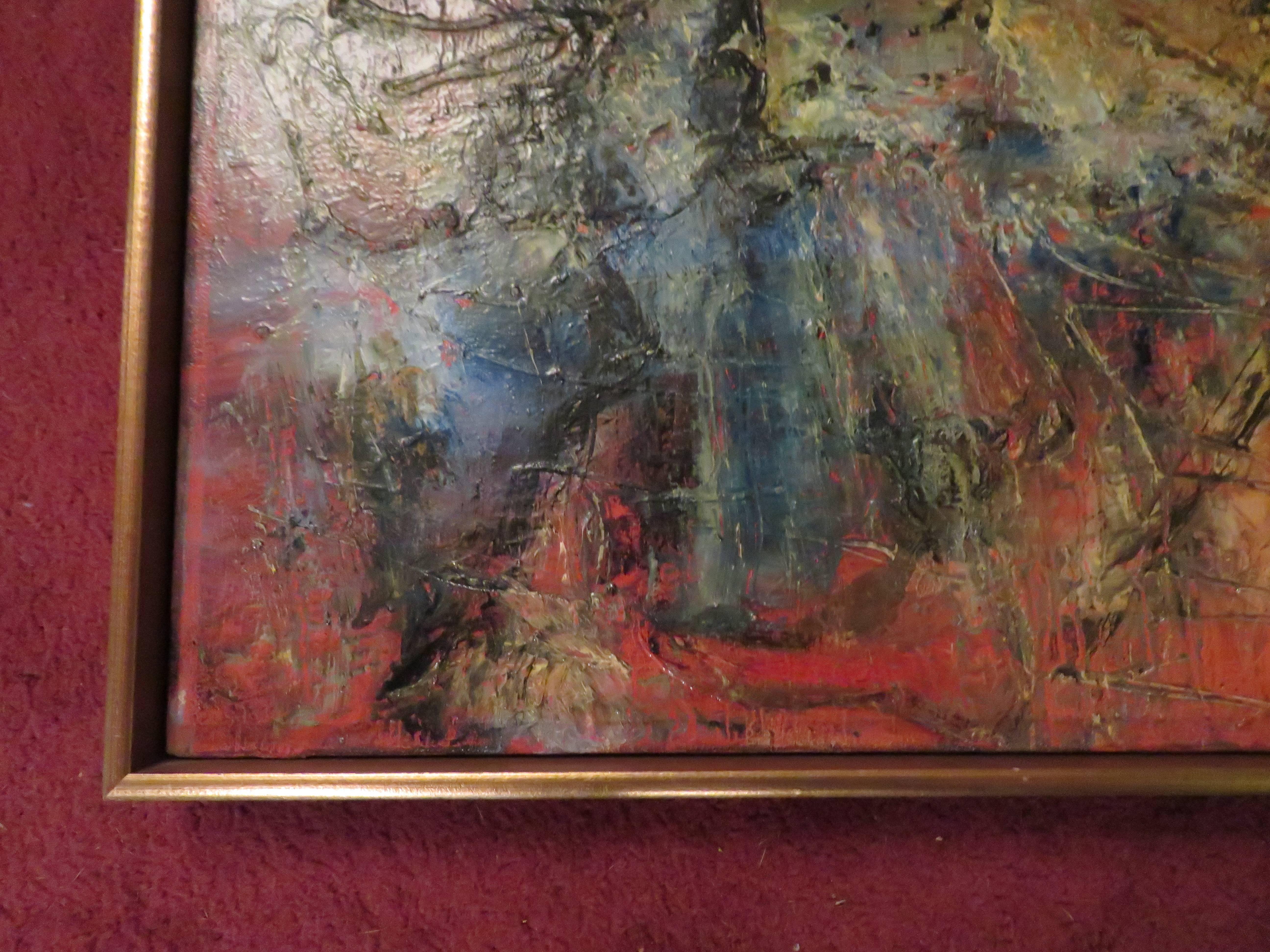 Exciting Gino Hollander style abstract oil painting. This painting is not signed but we believe it to be by the artist.