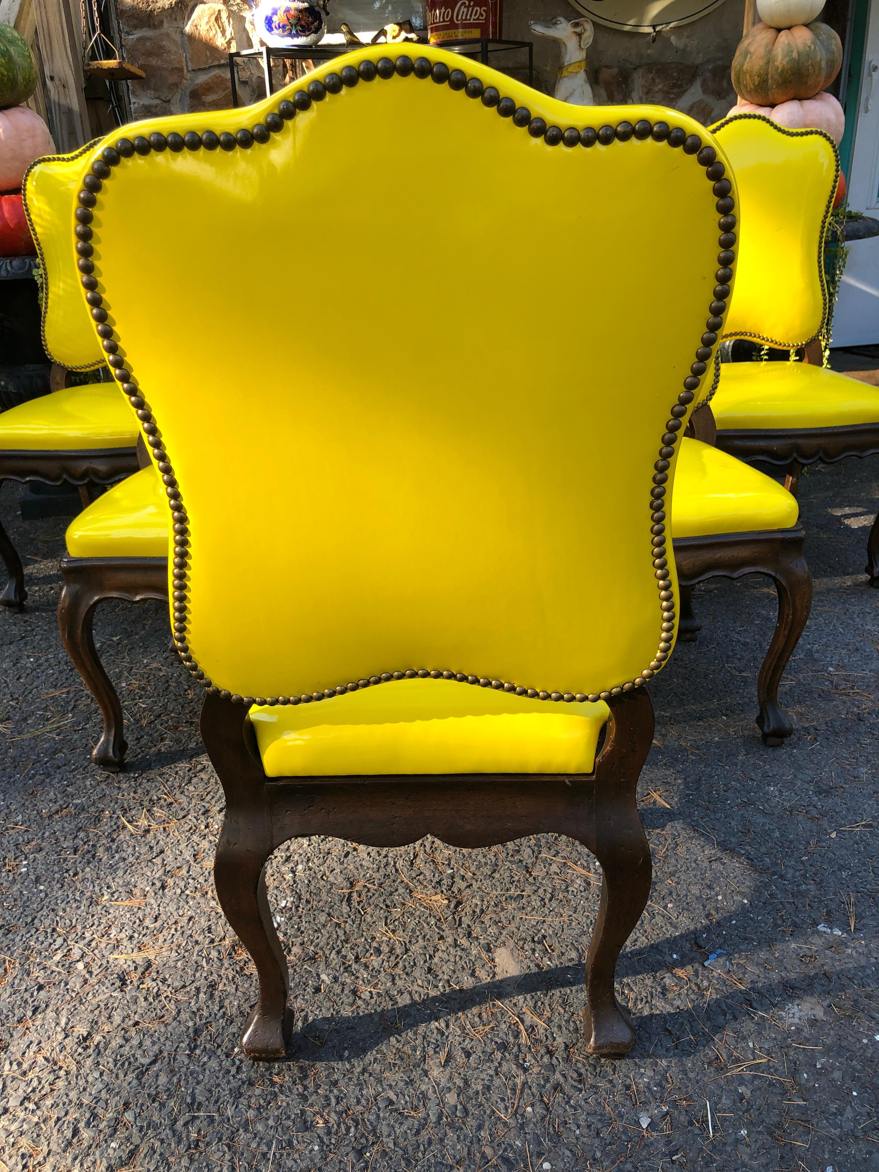 Exciting Set of 6 French Provincial Yellow Patent Leather Dining Chairs  For Sale 5