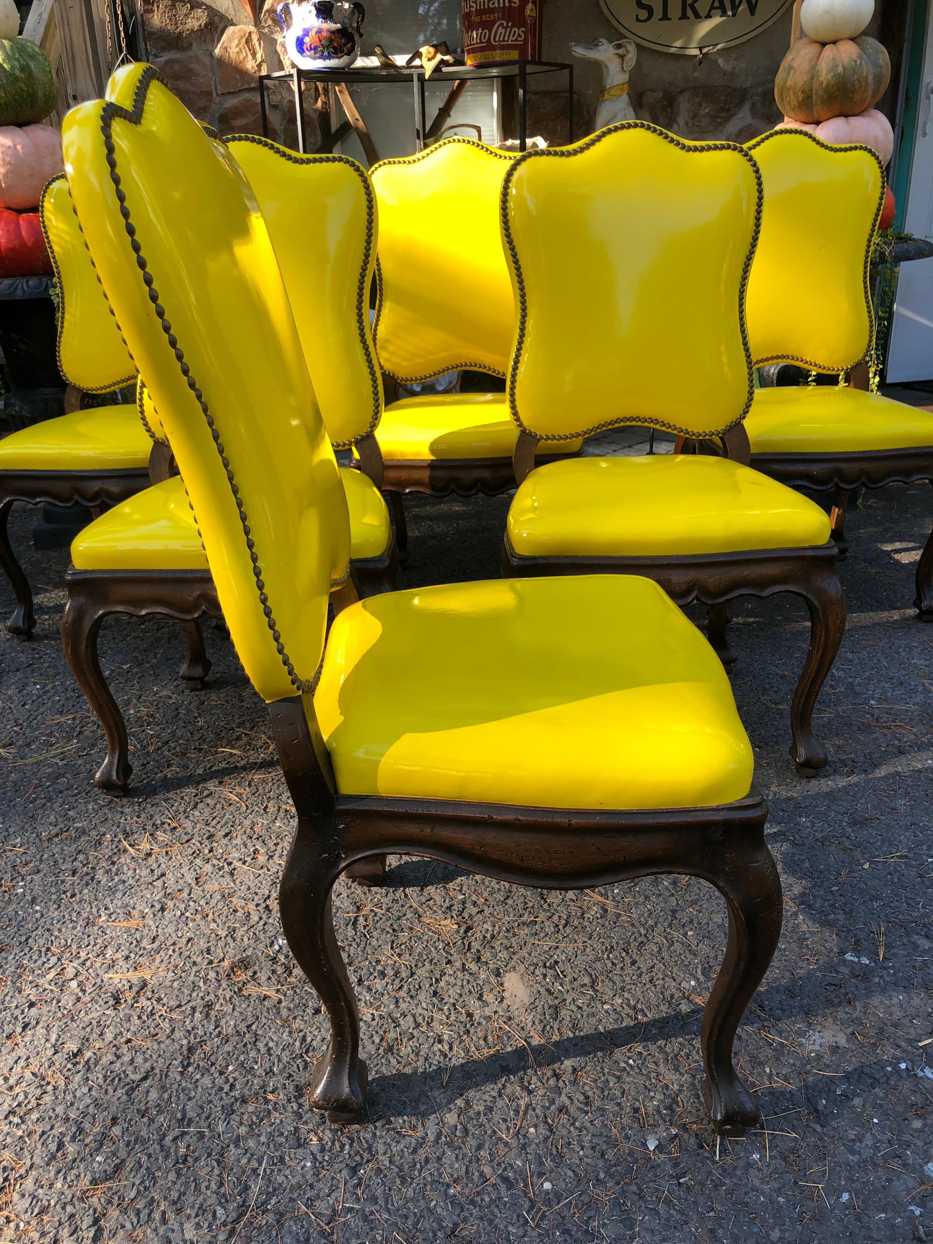 Exciting Set of 6 French Provincial Yellow Patent Leather Dining Chairs  For Sale 6