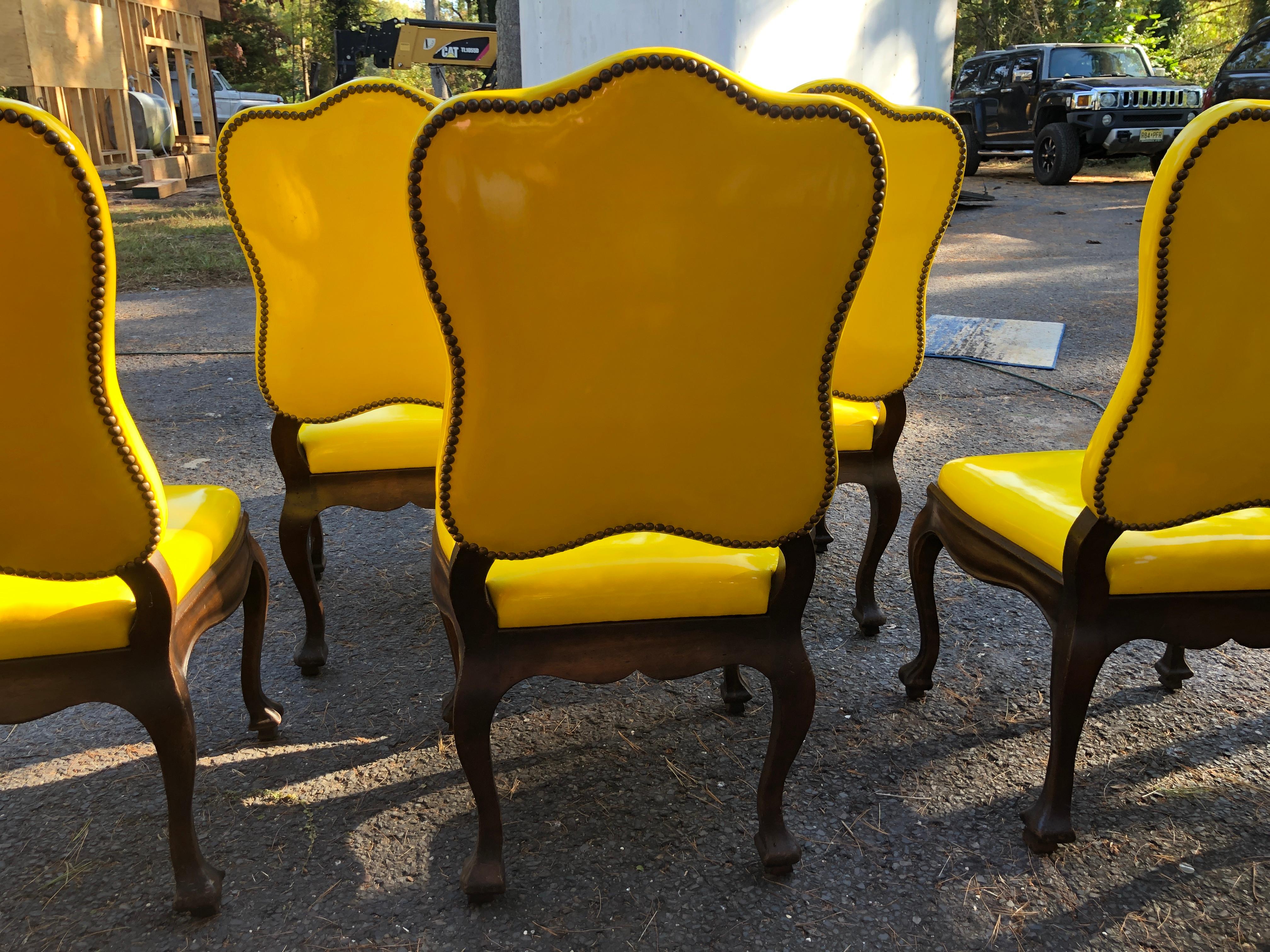 Exciting Set of 6 French Provincial Yellow Patent Leather Dining Chairs  For Sale 10