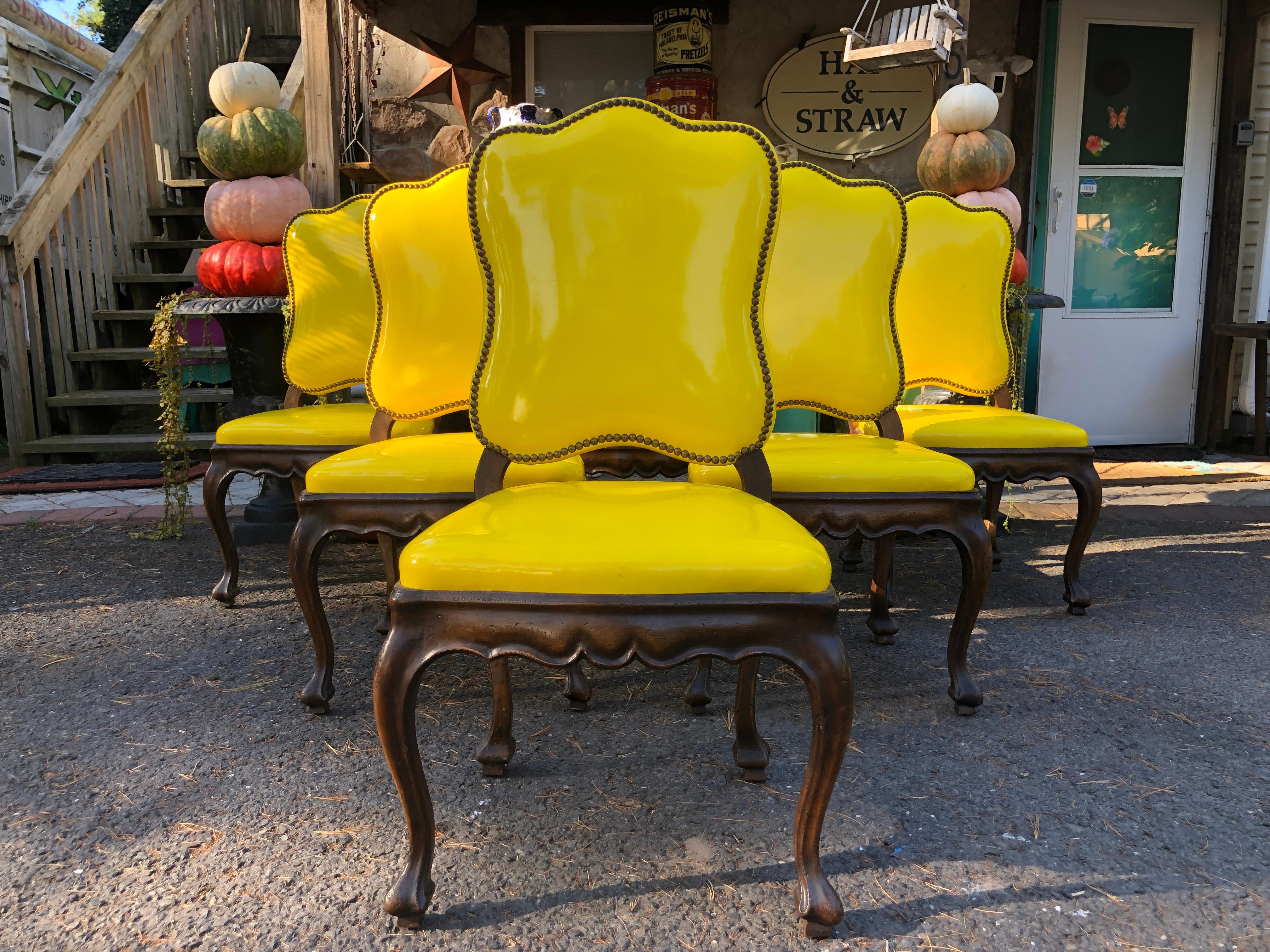 Exciting Set of 6 French Provincial Yellow Patent Leather Dining Chairs  For Sale 13