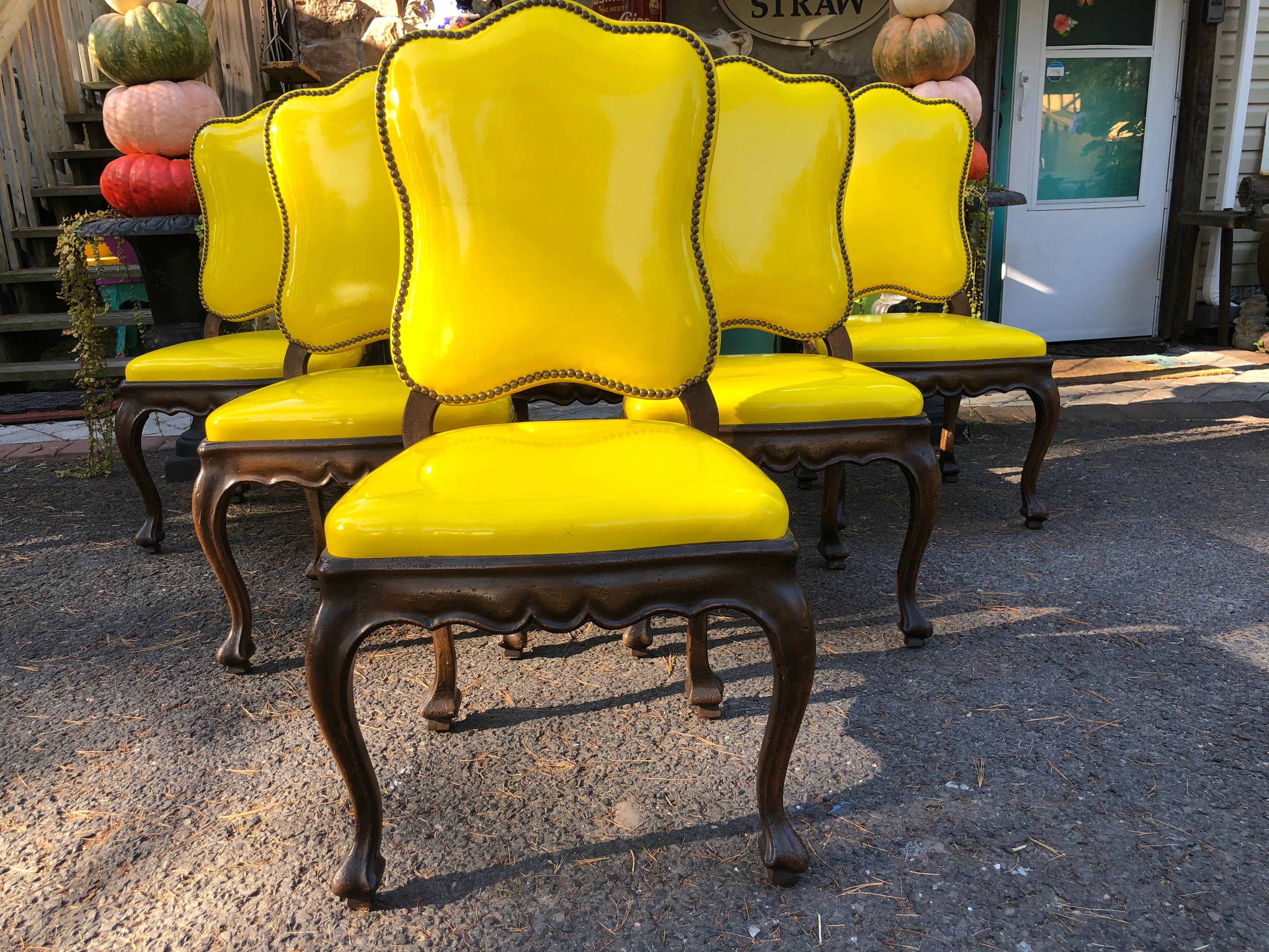 Mid-20th Century Exciting Set of 6 French Provincial Yellow Patent Leather Dining Chairs  For Sale