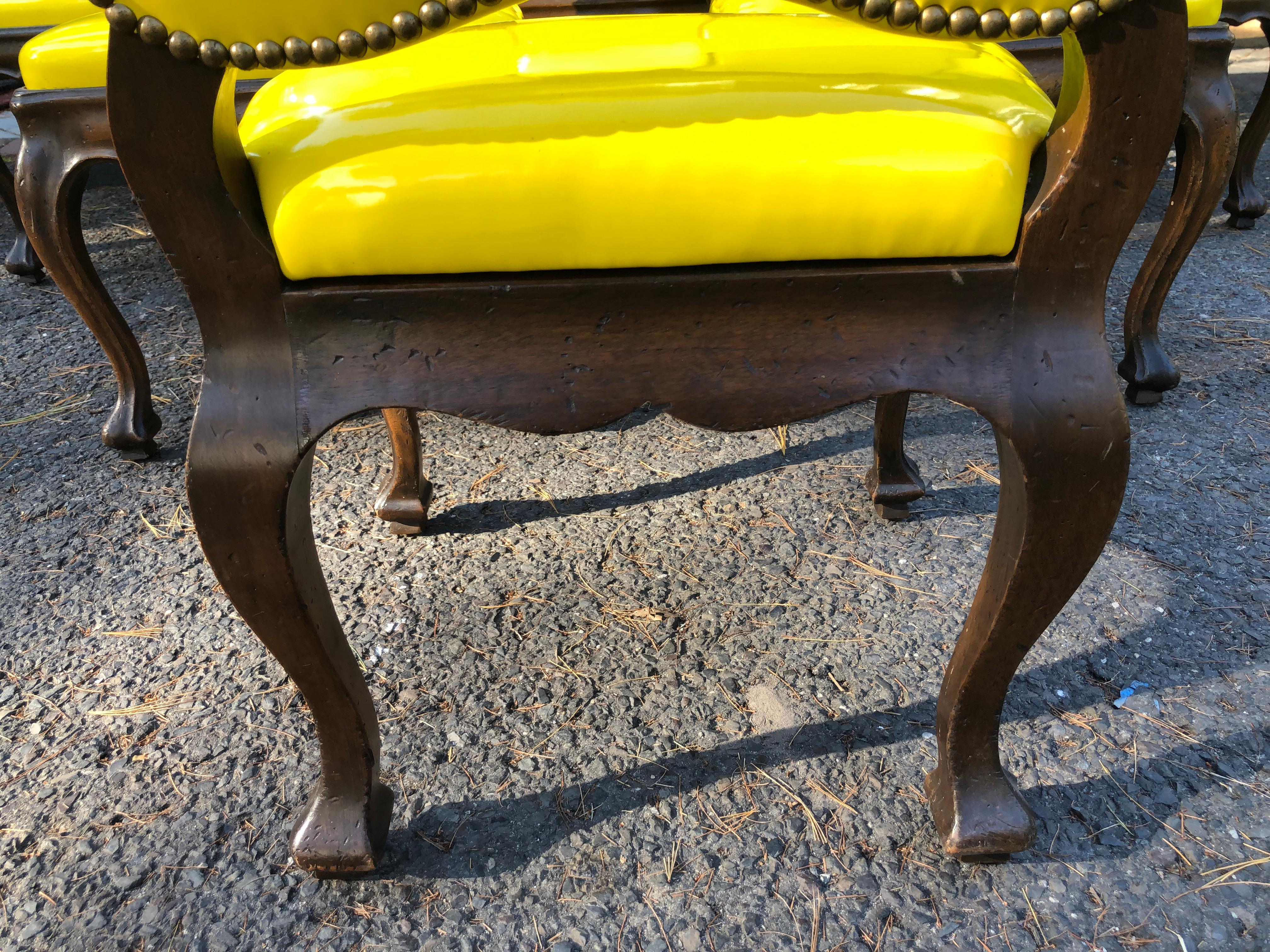 Exciting Set of 6 French Provincial Yellow Patent Leather Dining Chairs  For Sale 2