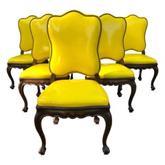 Exciting Set of 6 French Provincial Yellow Patent Leather Dining Chairs