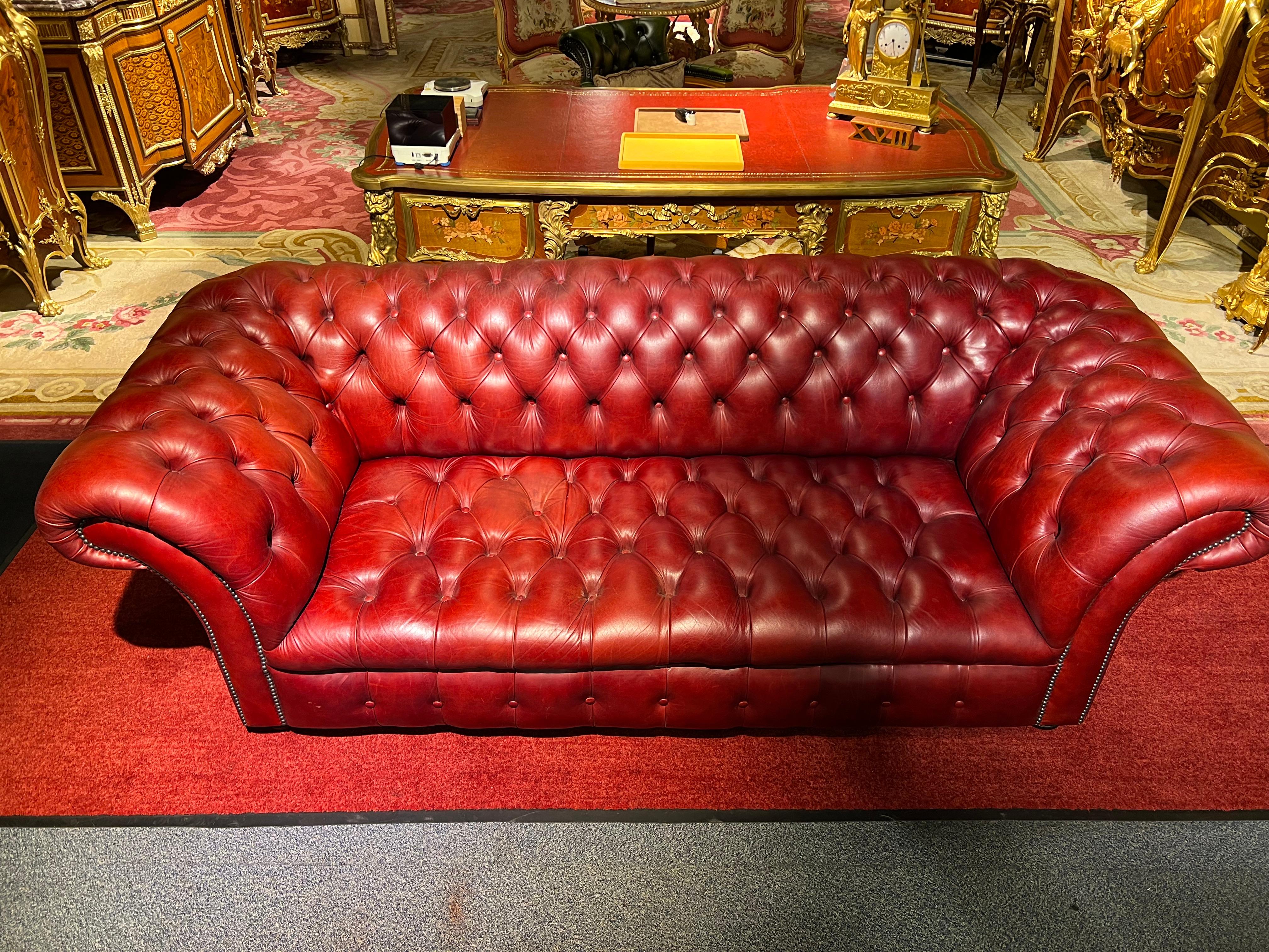 English Red Leather Chesterfield Sofa with Button Down Seat from Designer Von Wilmowski For Sale