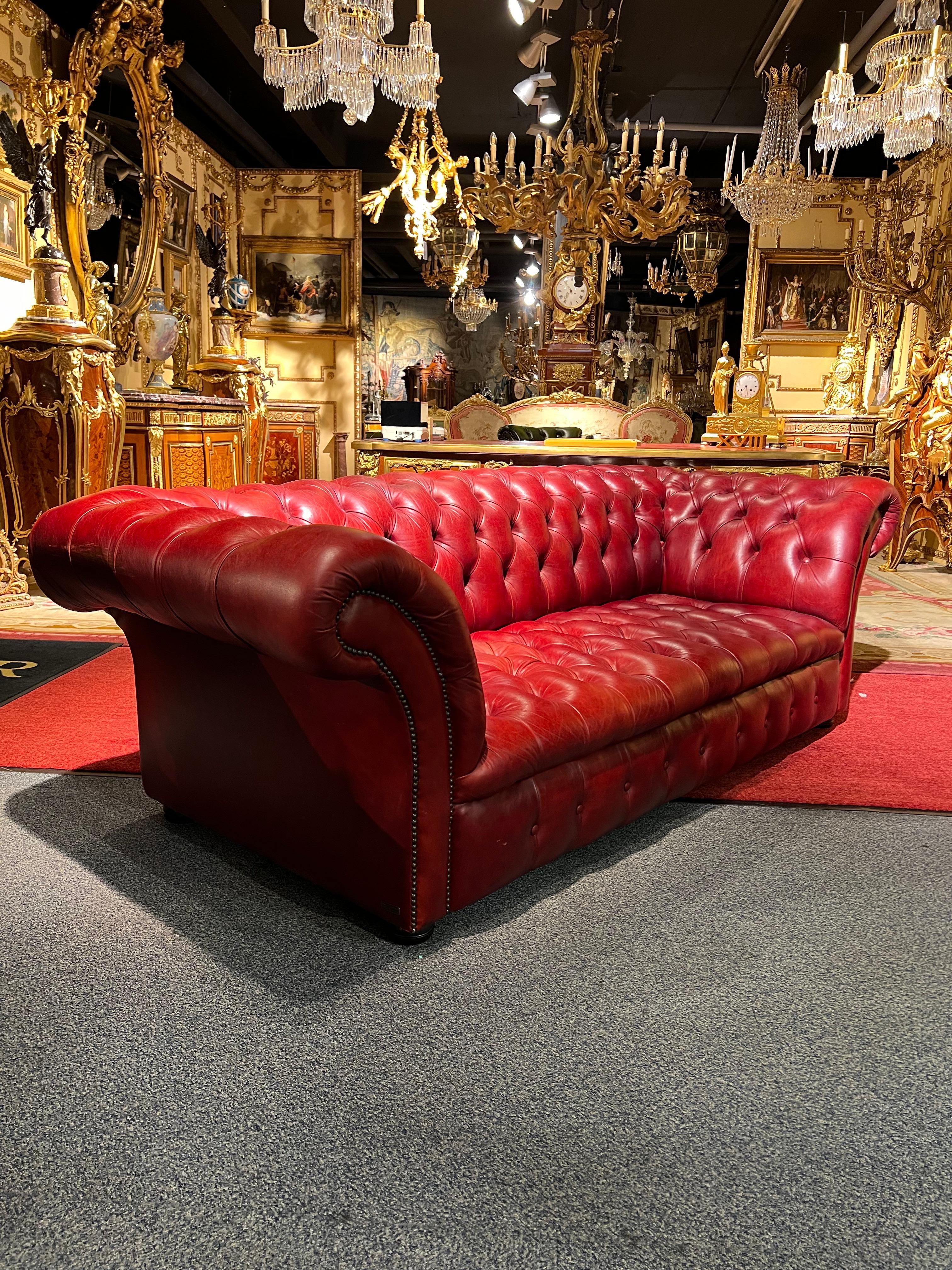 Red Leather Chesterfield Sofa with Button Down Seat from Designer Von Wilmowski For Sale 1