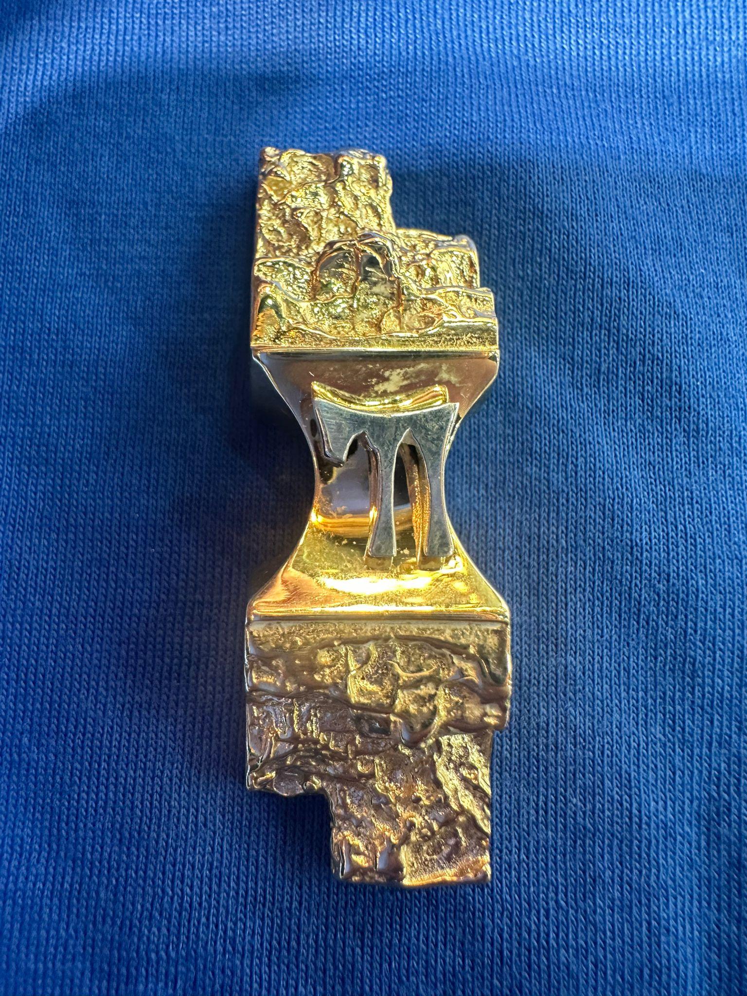 American Exclusive 14K Gold Jerusalem Stone Pendant with Silver Chai by Nikolai Bachmako For Sale