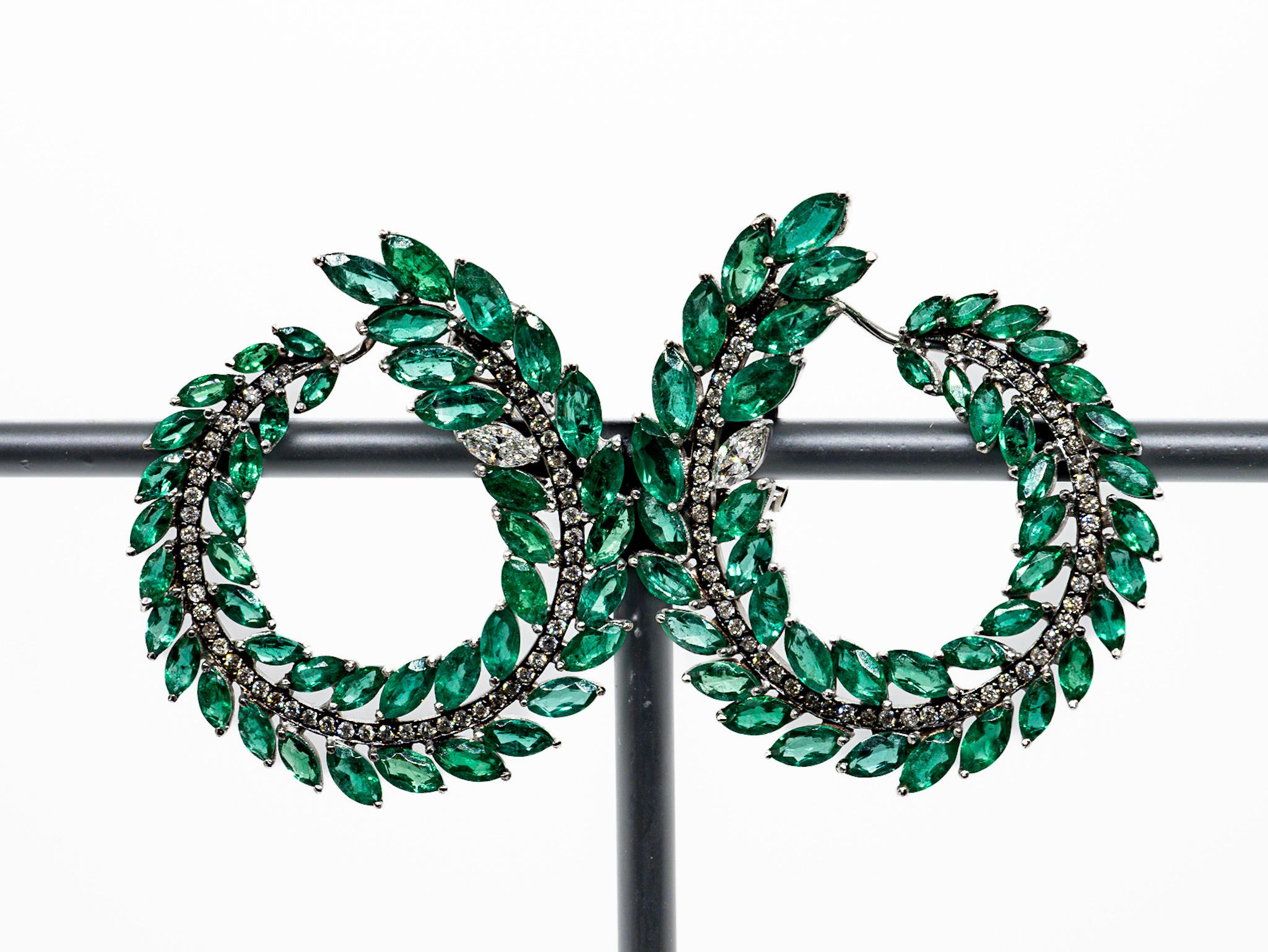 Artisan Exclusive 18 Karat White Gold Emerald Diamond Drop Earrings by Silvia Furmanovic For Sale