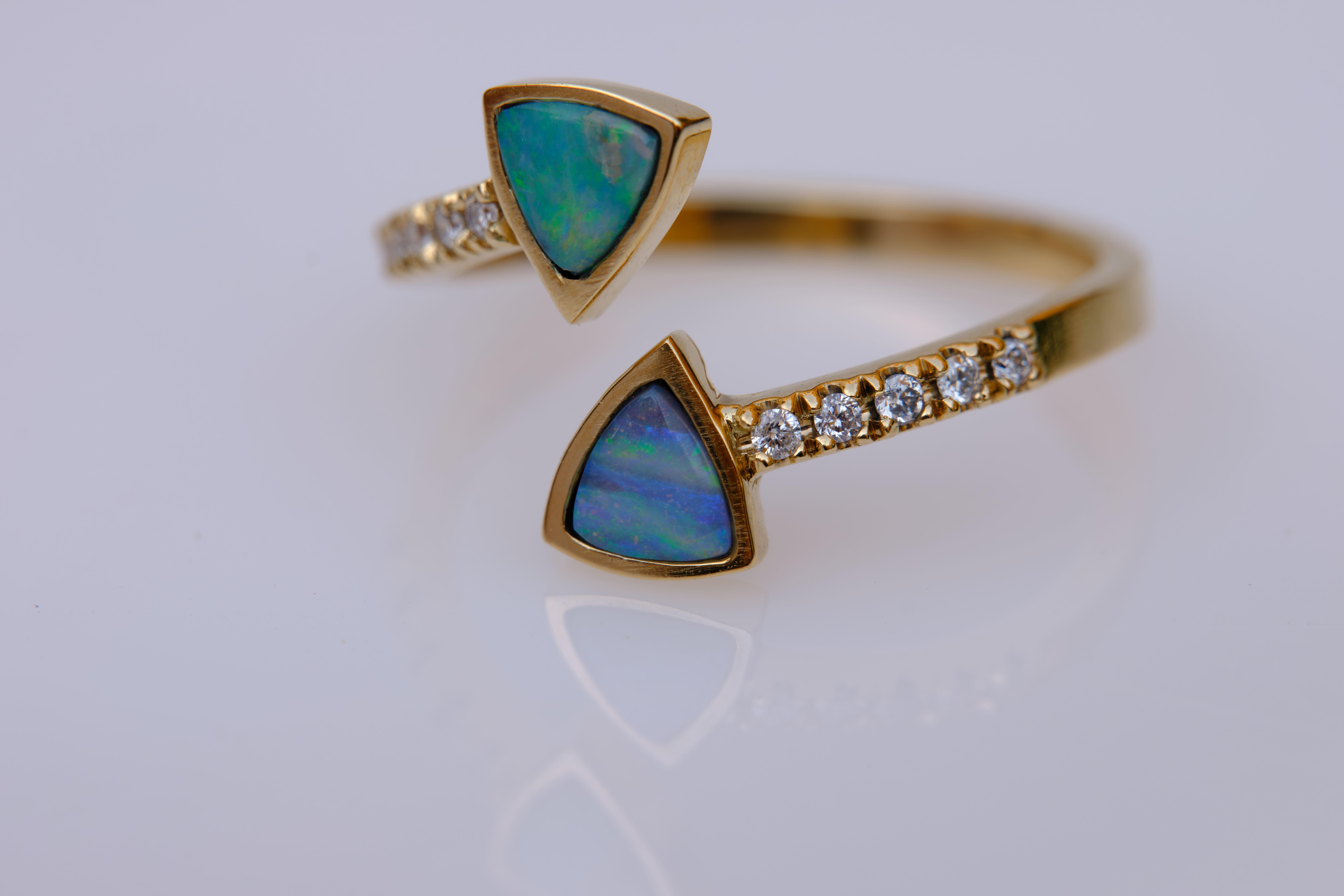 Trillion Cut Exclusive 18 Karat Yellow Gold 0.5 Carat Opal and Diamond Pavé Ring Sustainable For Sale
