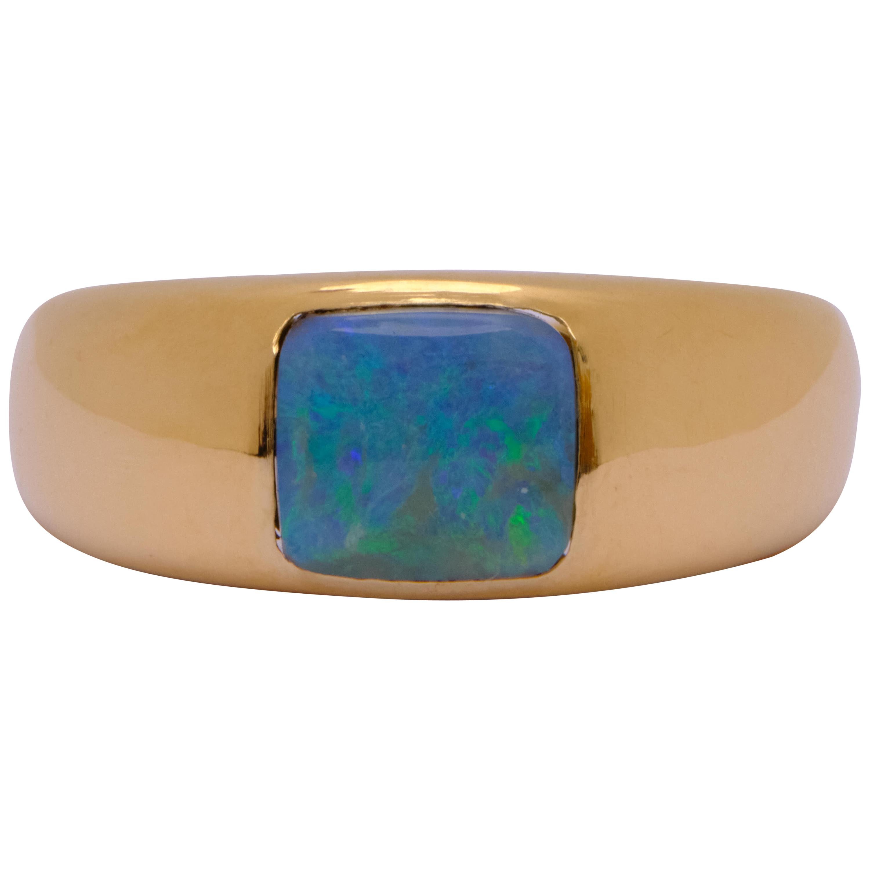 Exclusive 18 Karat Yellow Gold 2 Carat Blue Boulder Opal Square Cut Dome Ring For Sale