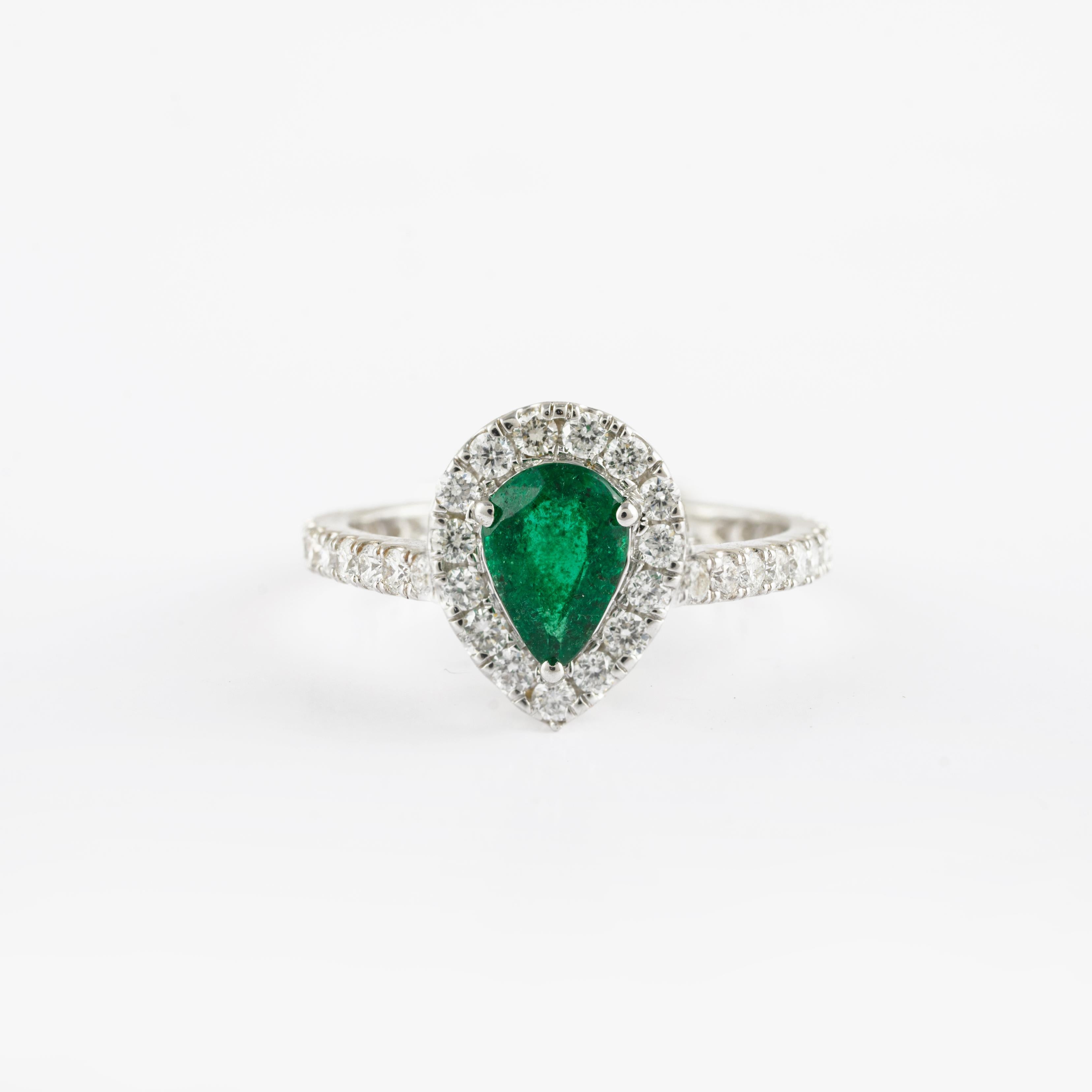 For Sale:  Exclusive 18k Solid White Gold Halo Diamond Natural Pear Cut Emerald Ring 2