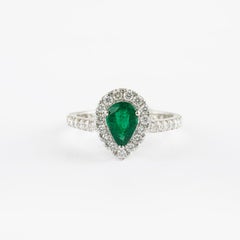 Exclusive 18k Solid White Gold Halo Diamond Natural Pear Cut Emerald Ring