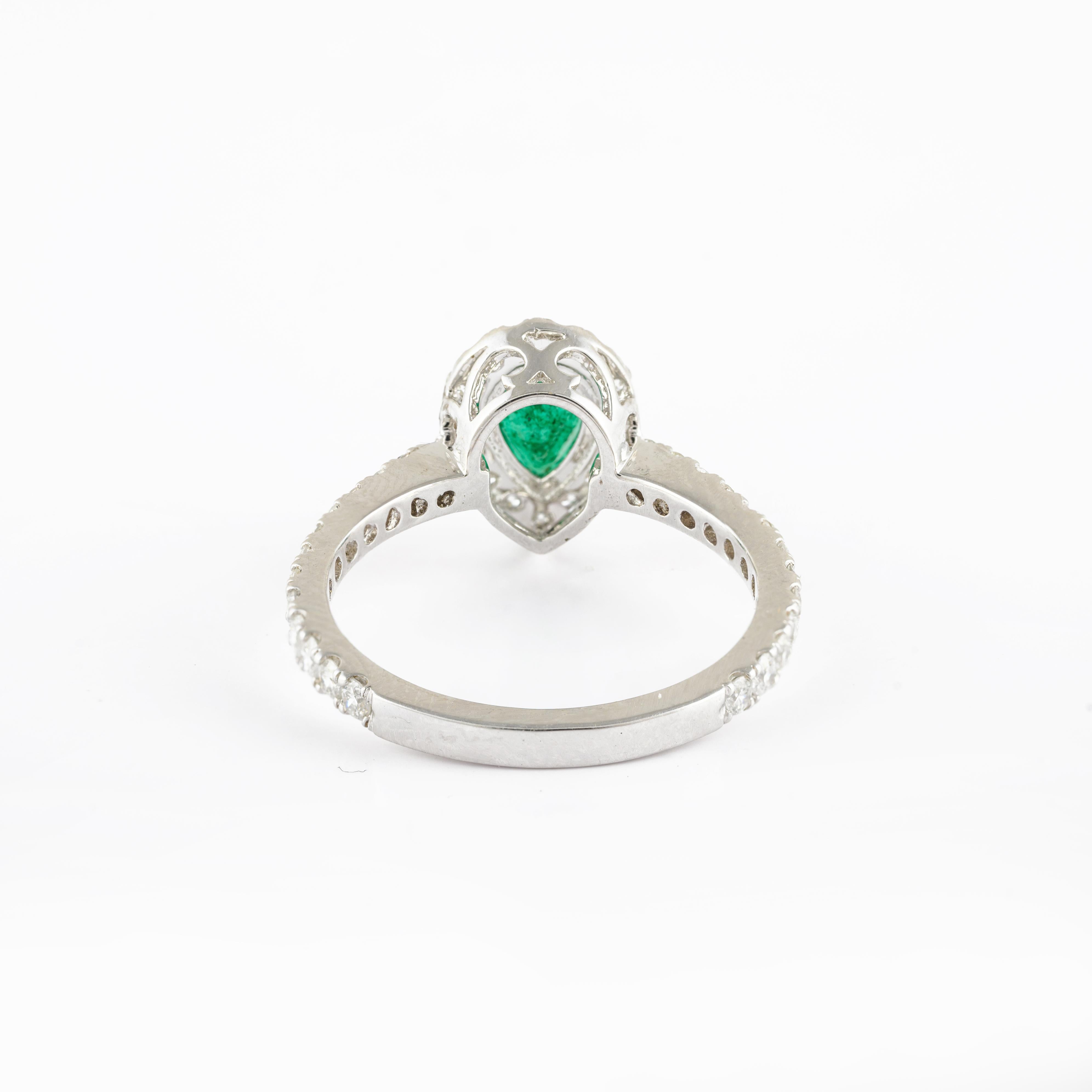 For Sale:  Exclusive 18k Solid White Gold Halo Diamond Natural Pear Cut Emerald Ring 4