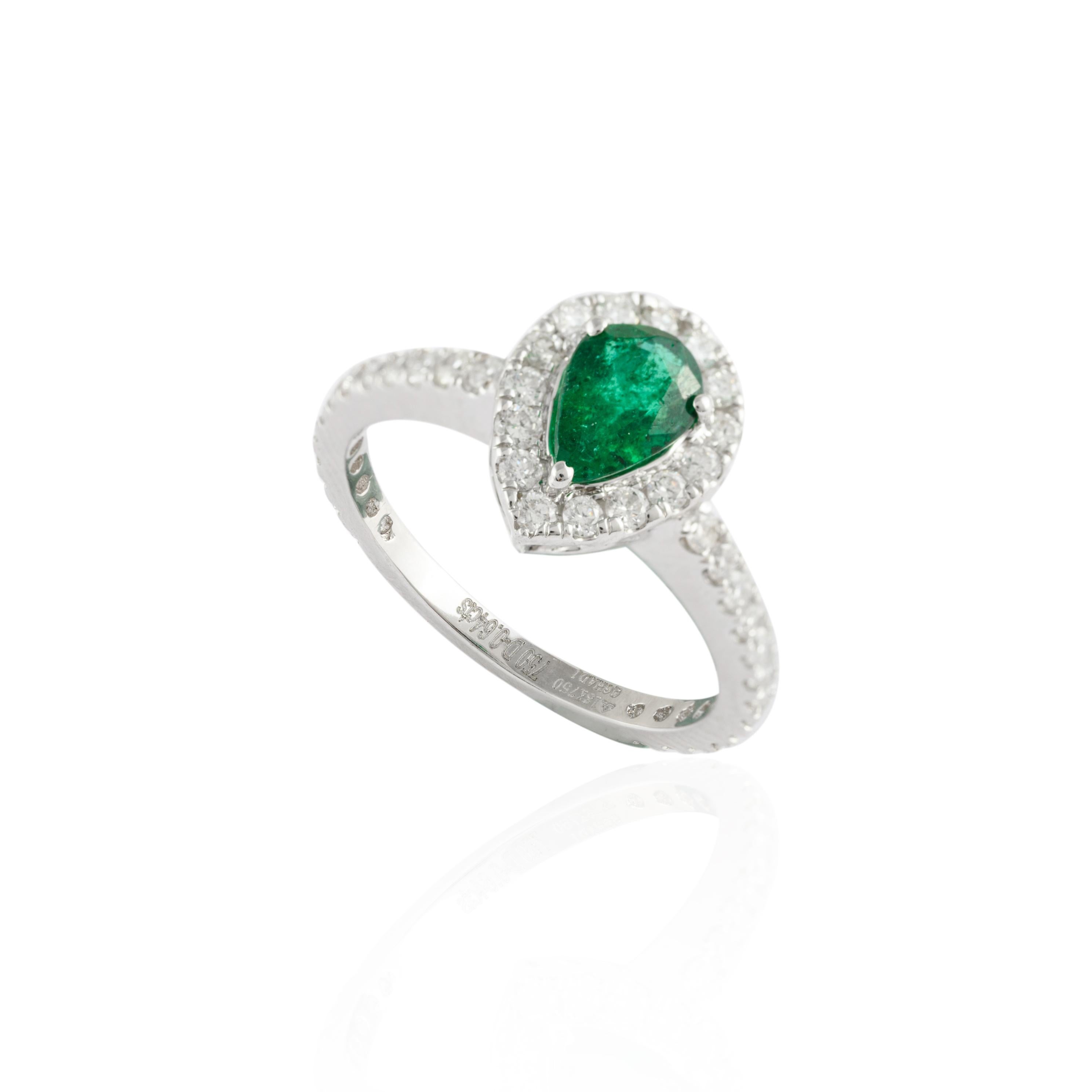 For Sale:  Exclusive 18k Solid White Gold Halo Diamond Natural Pear Cut Emerald Ring 5