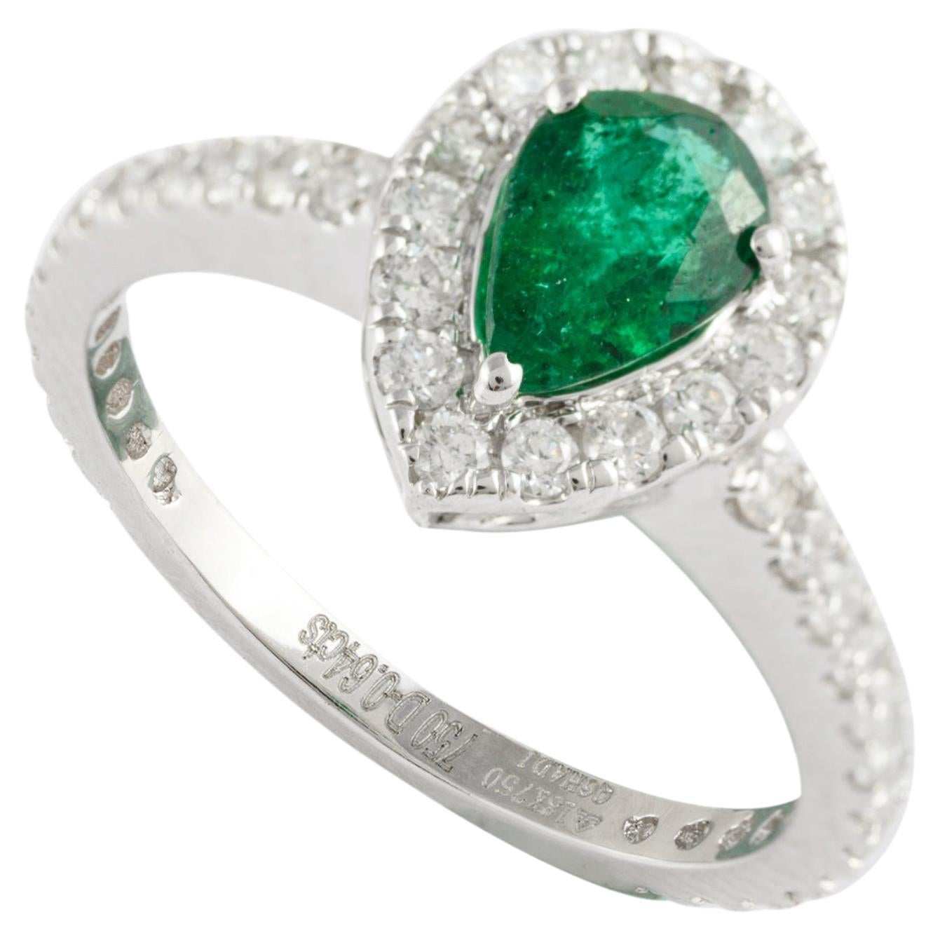 For Sale:  Exclusive 18k Solid White Gold Halo Diamond Natural Pear Cut Emerald Ring