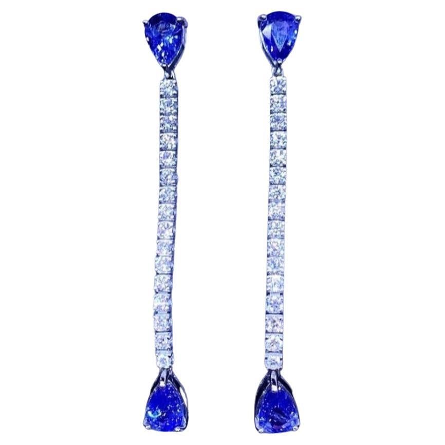 Exclusive 5, 74 Ceylon Sapphires and Diamonds on Tennis Earrings For Sale